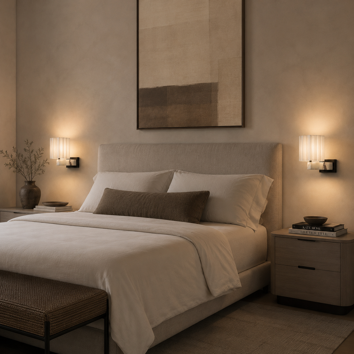 A modern bedroom scene featuring a neatly made bed with white linens and a brown accent pillow, flanked by matching bedside tables and wall-mounted sconces. A large abstract canvas hangs above the bed on a textured beige wall.