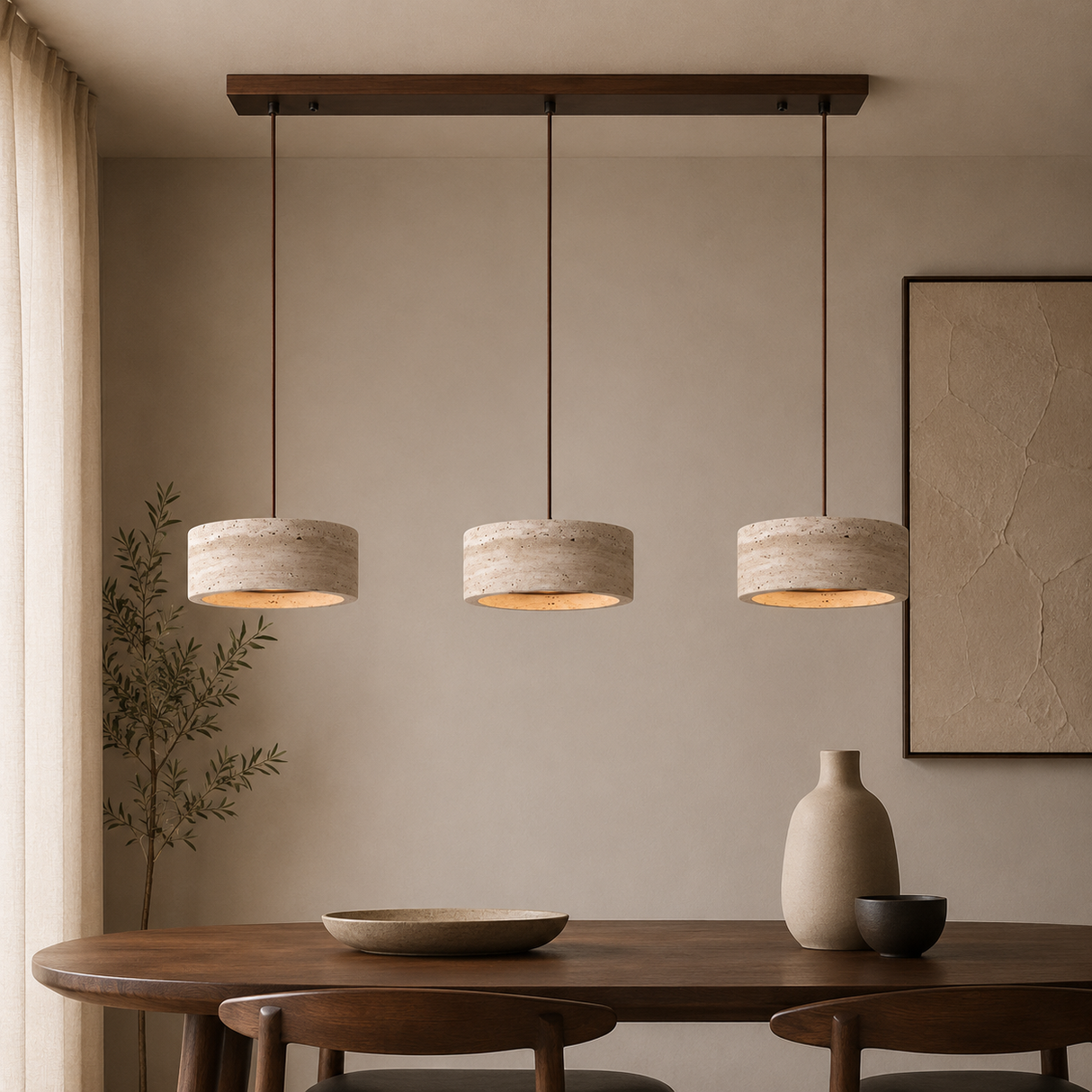 Three cylindrical pendant lights with textured beige fabric shades hang over a wooden dining table in a warm, minimalist room with beige walls and neutral decor.