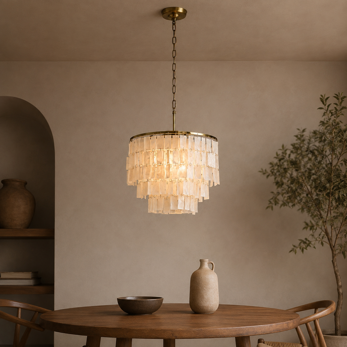 A tiered chandelier pendant light with a warm brass frame and layered translucent glass discs, hanging over a wooden dining table in a softly lit, neutral-toned room.