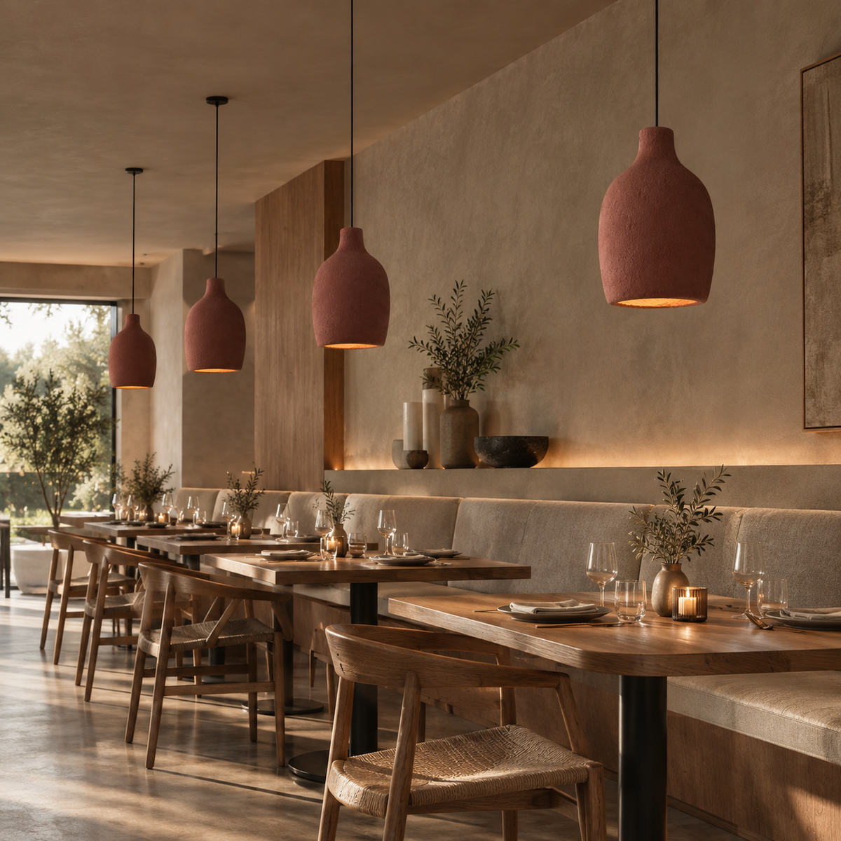 A row of terracotta-colored ceramic pendant lights hanging over a modern restaurant dining area with wooden chairs, tables, and warm ambient lighting.