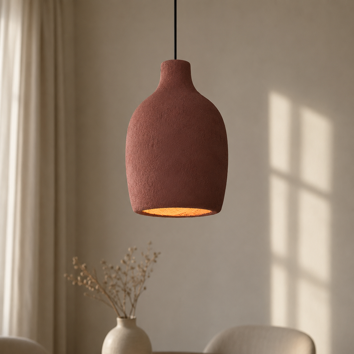 A textured terracotta pendant light hanging in a softly lit room with a beige wall, window shadows, and a small vase of dried stems below.