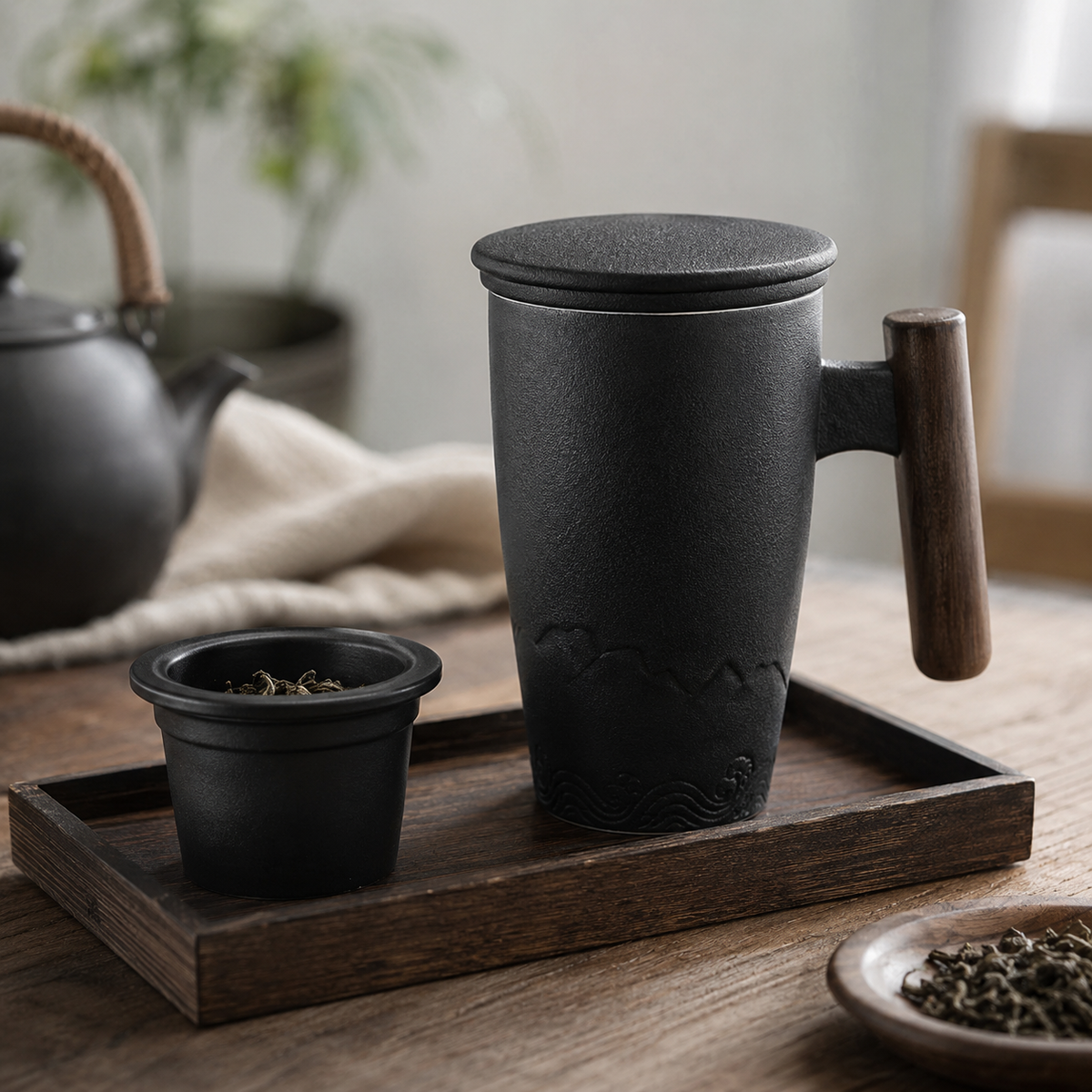 A matte black ceramic tea cup with a wooden handle and lid, shown on a wooden tray alongside a small black tea infuser cup. The scene is styled on a wooden table with a blurred traditional teapot and plants in the background.
