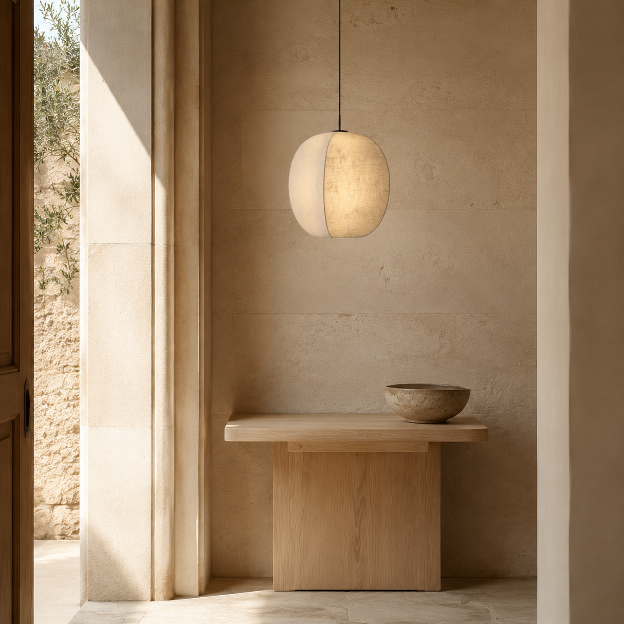 A modern pendant light with a split white and beige globe shade hangs over a minimalist wooden table in a warm, sunlit interior with textured beige walls.