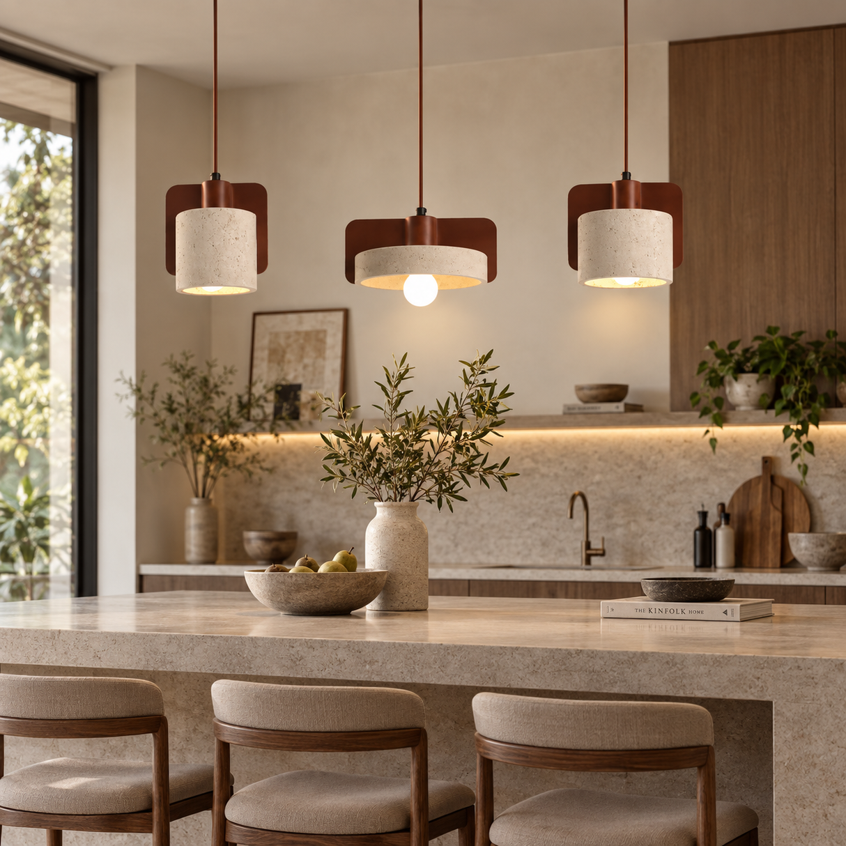 Three modern pendant lights with white drum shades and dark wood side panels hang over a kitchen island in a warm, contemporary kitchen setting.