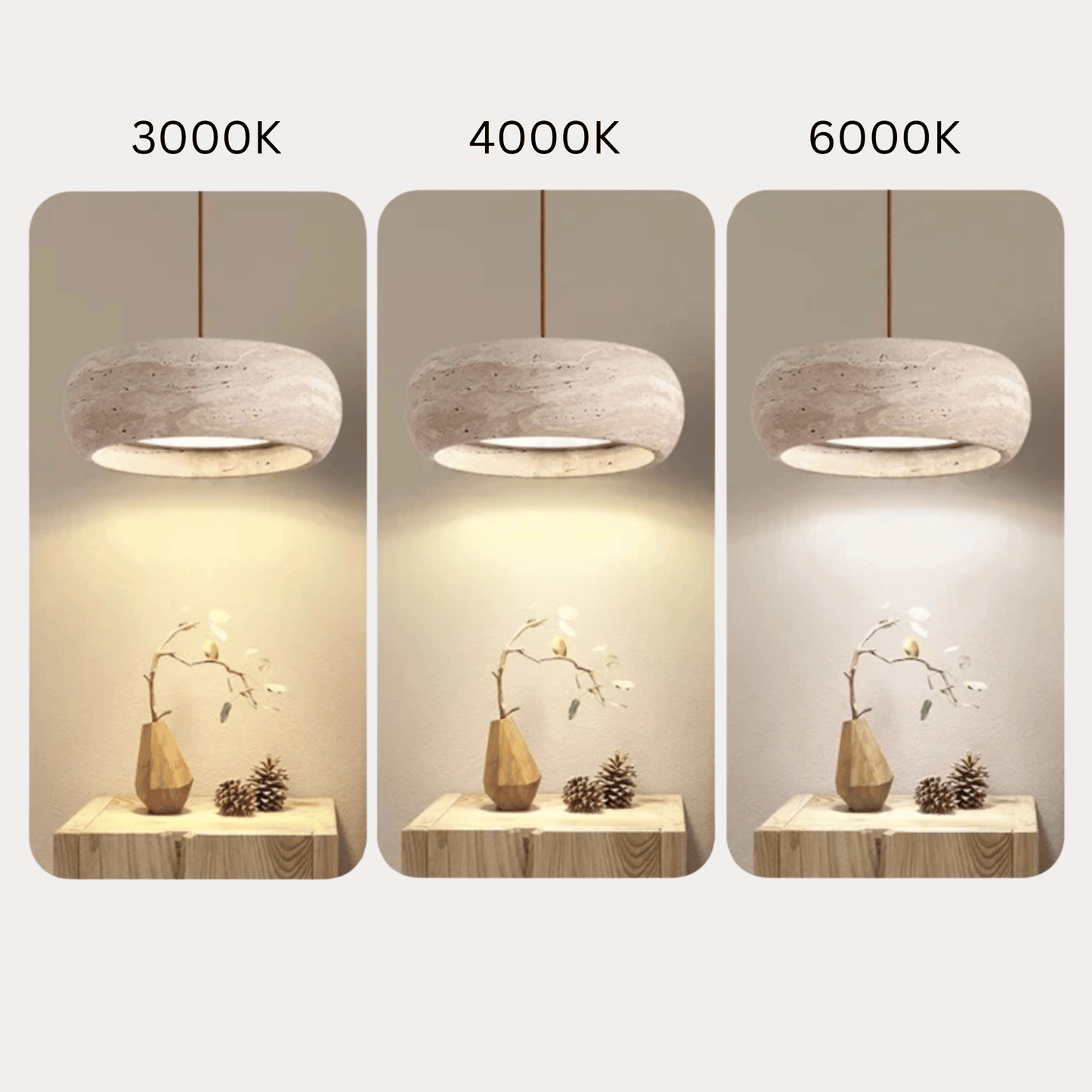 Three pendant lights with different color temperatures on a neutral background
