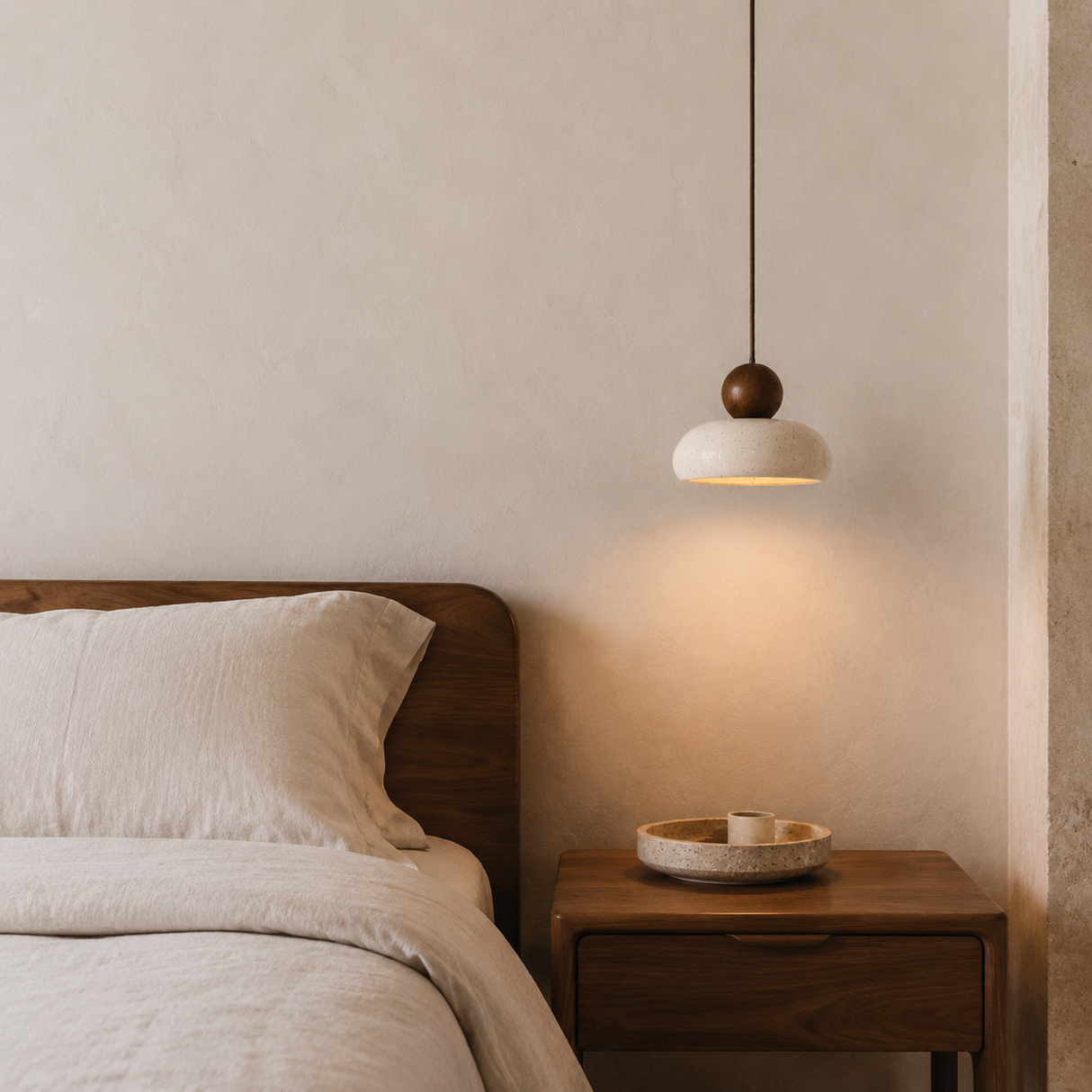 A modern pendant light with a white textured dome shade and a dark wood accent, hanging above a wooden nightstand in a minimalist bedroom setting.