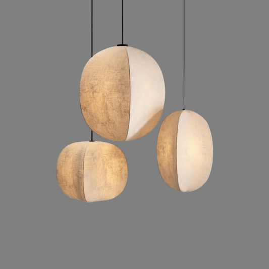 Three spherical pendant lights with a wooden finish on a white background