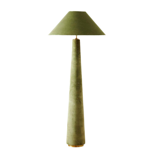 Green floor lamp with a cone-shaped shade on a white background