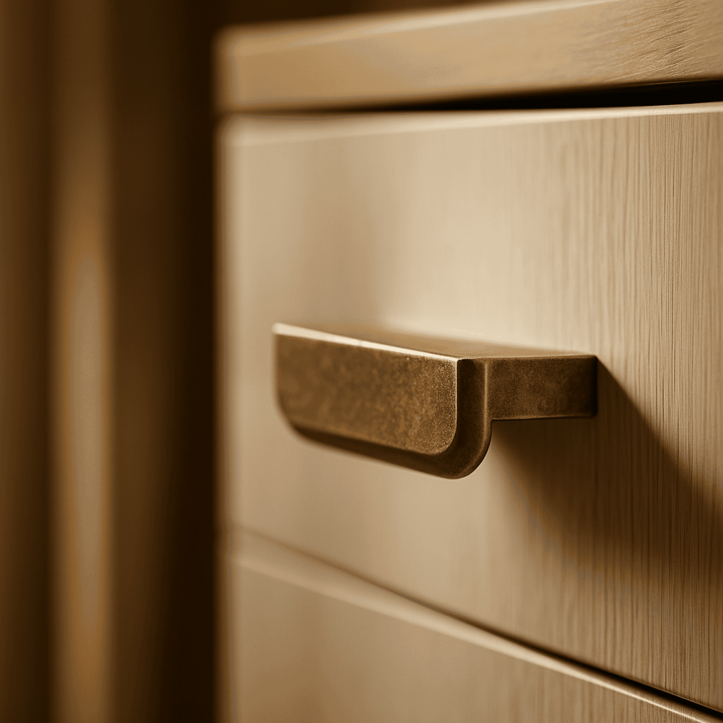 Close-up of a bronze handle on a wooden surface