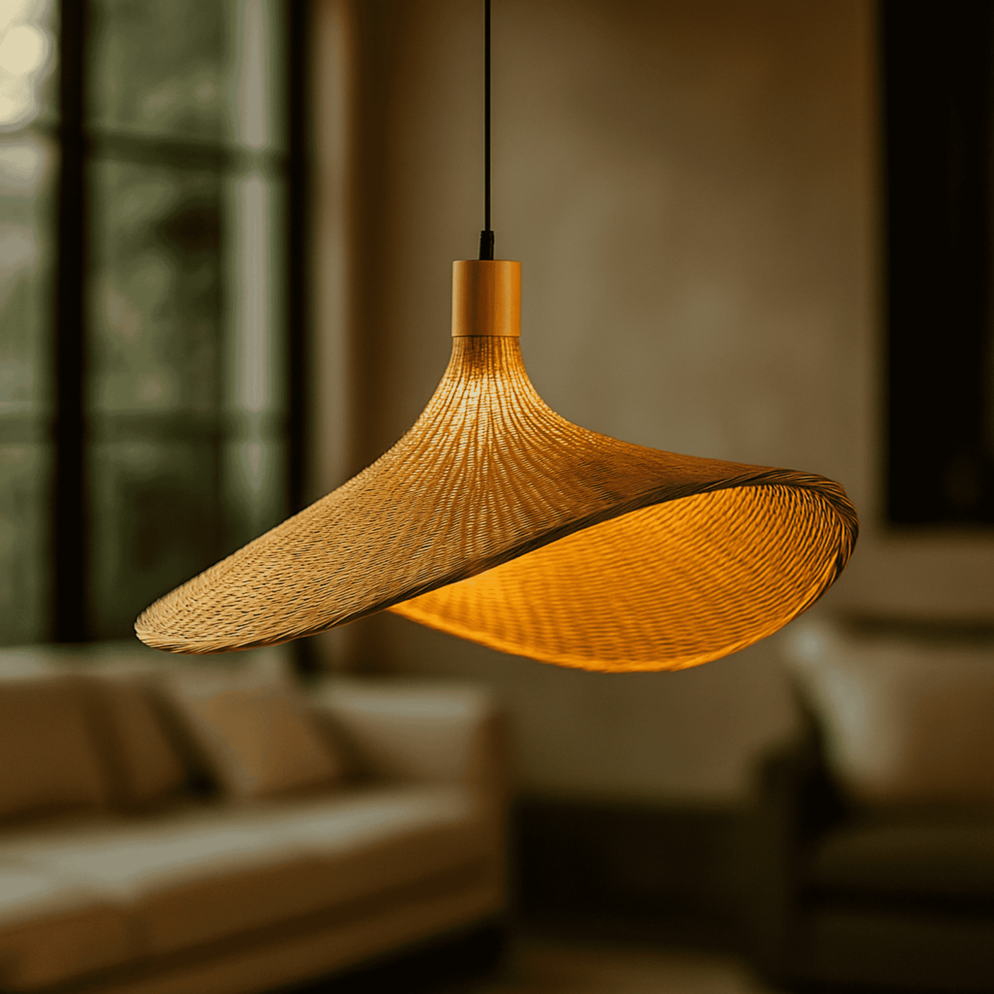 Woven pendant light hanging in a room with blurred background
