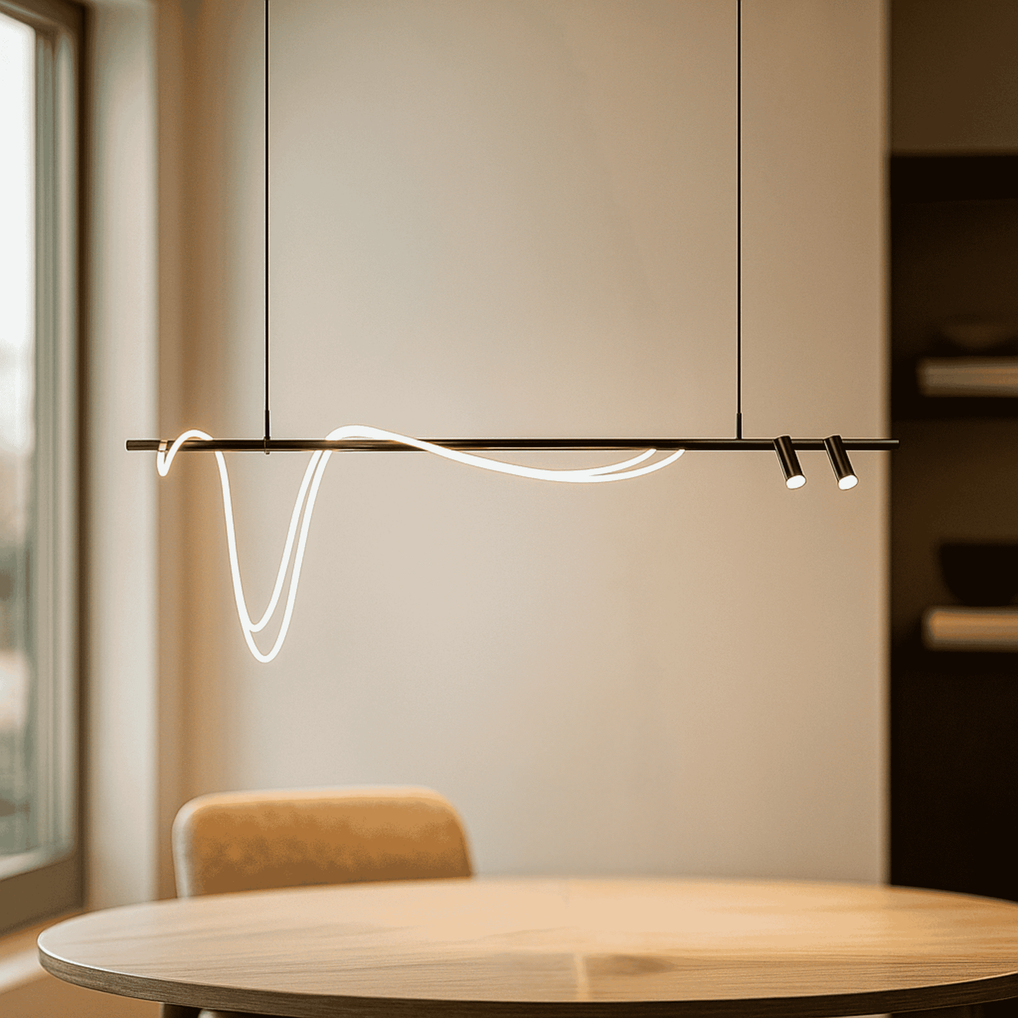 Modern pendant light hanging above a dining table with a neutral background