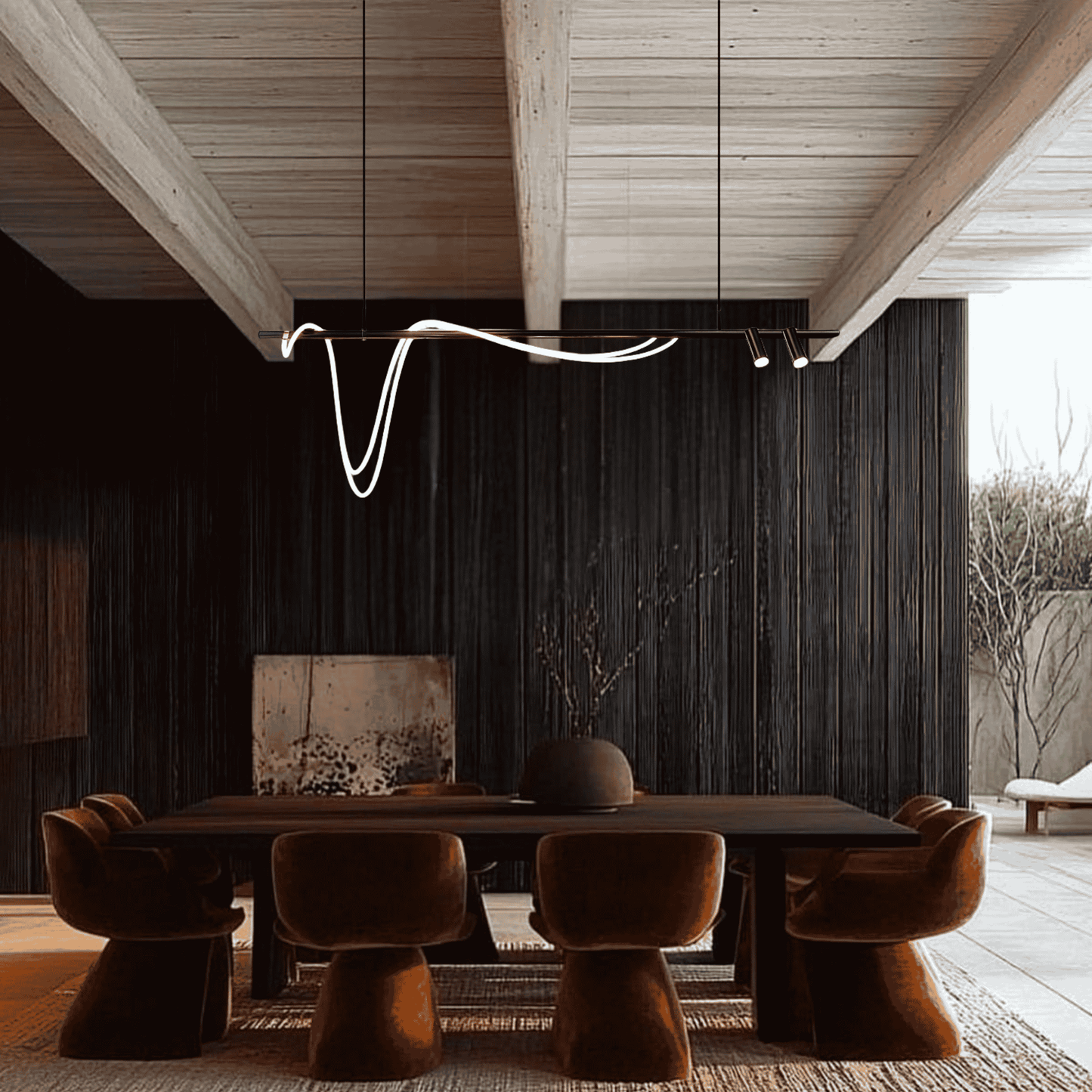 Modern dining area with a long wooden table and brown chairs in a stylish interior setting.
