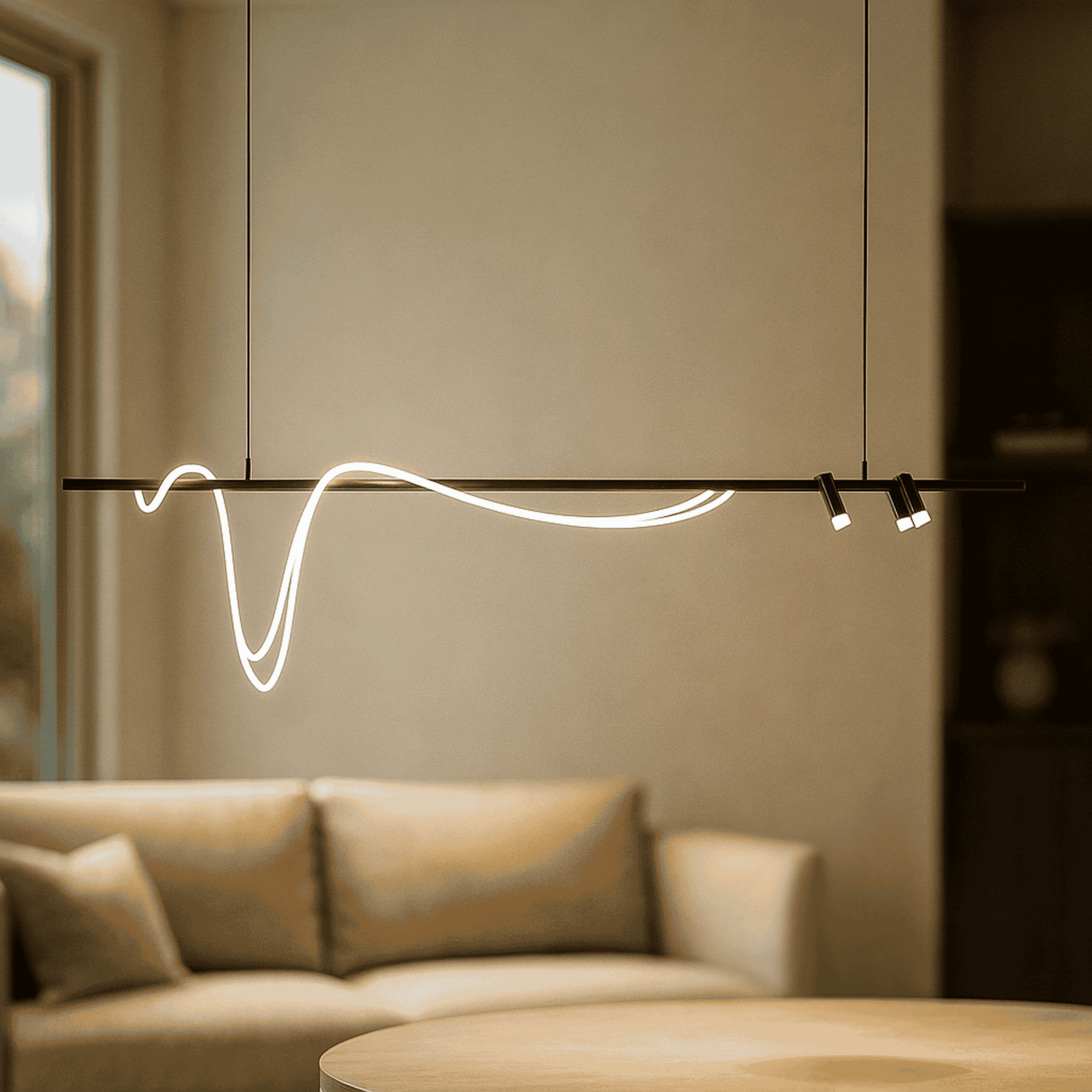 NovaForma LED Suspension in a living room setting with a beige sofa and neutral wall.