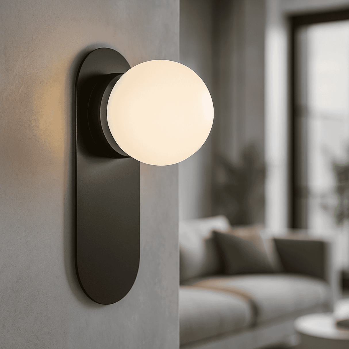 Modern wall lamp with a spherical bulb on a concrete wall, blurred living room in the background