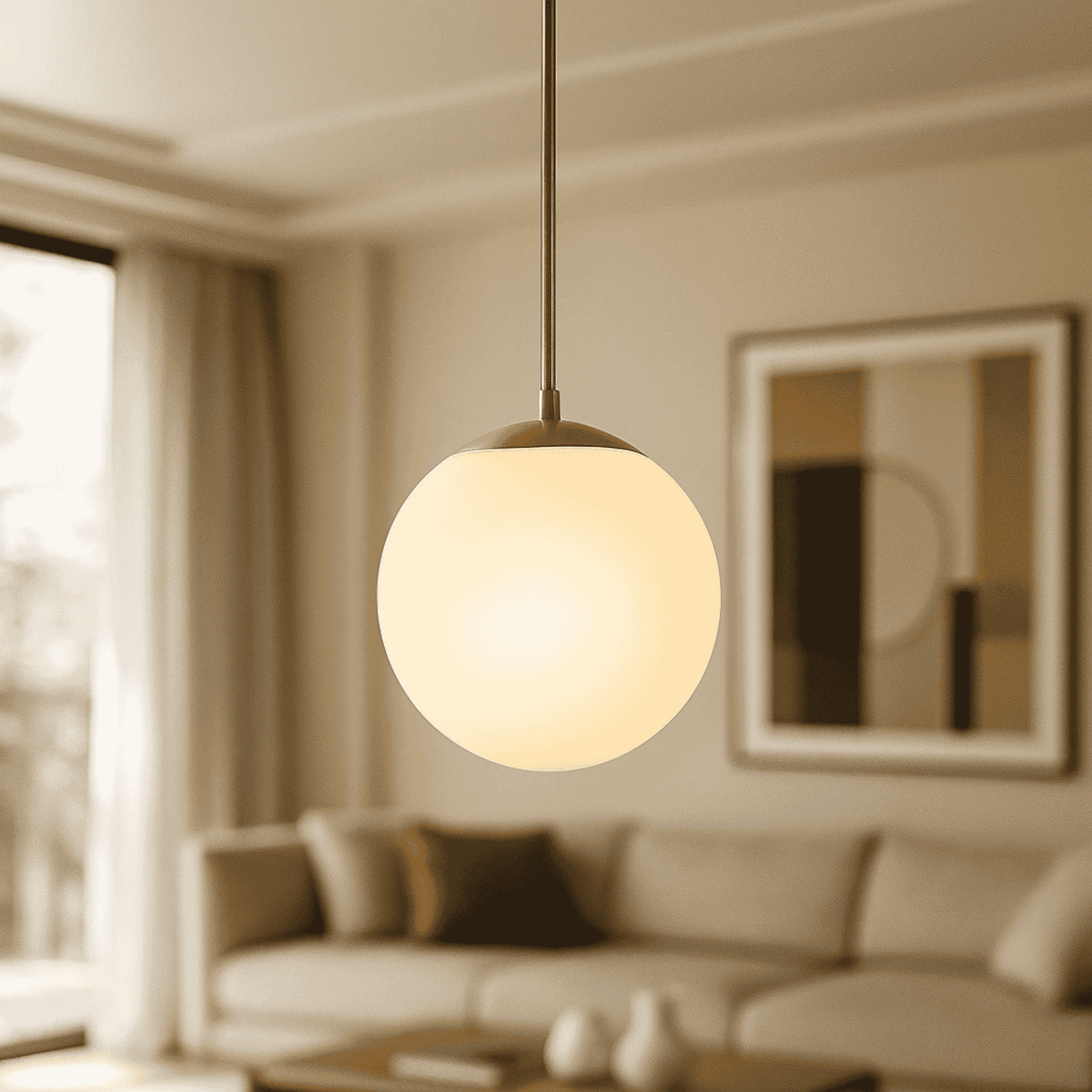 Modern pendant light hanging in a living room with a blurred background