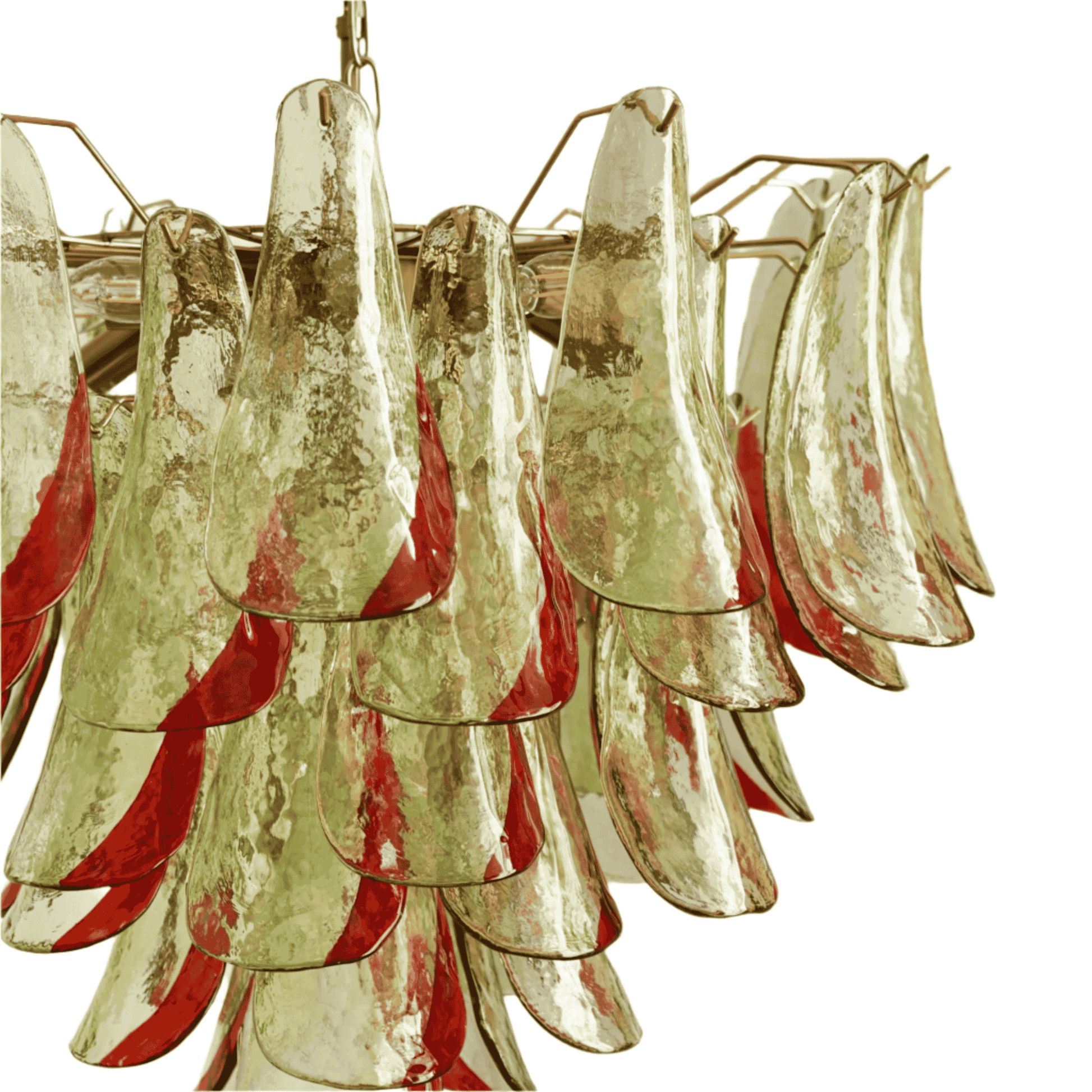 Decorative chandelier with red and gold glass shades on a white background