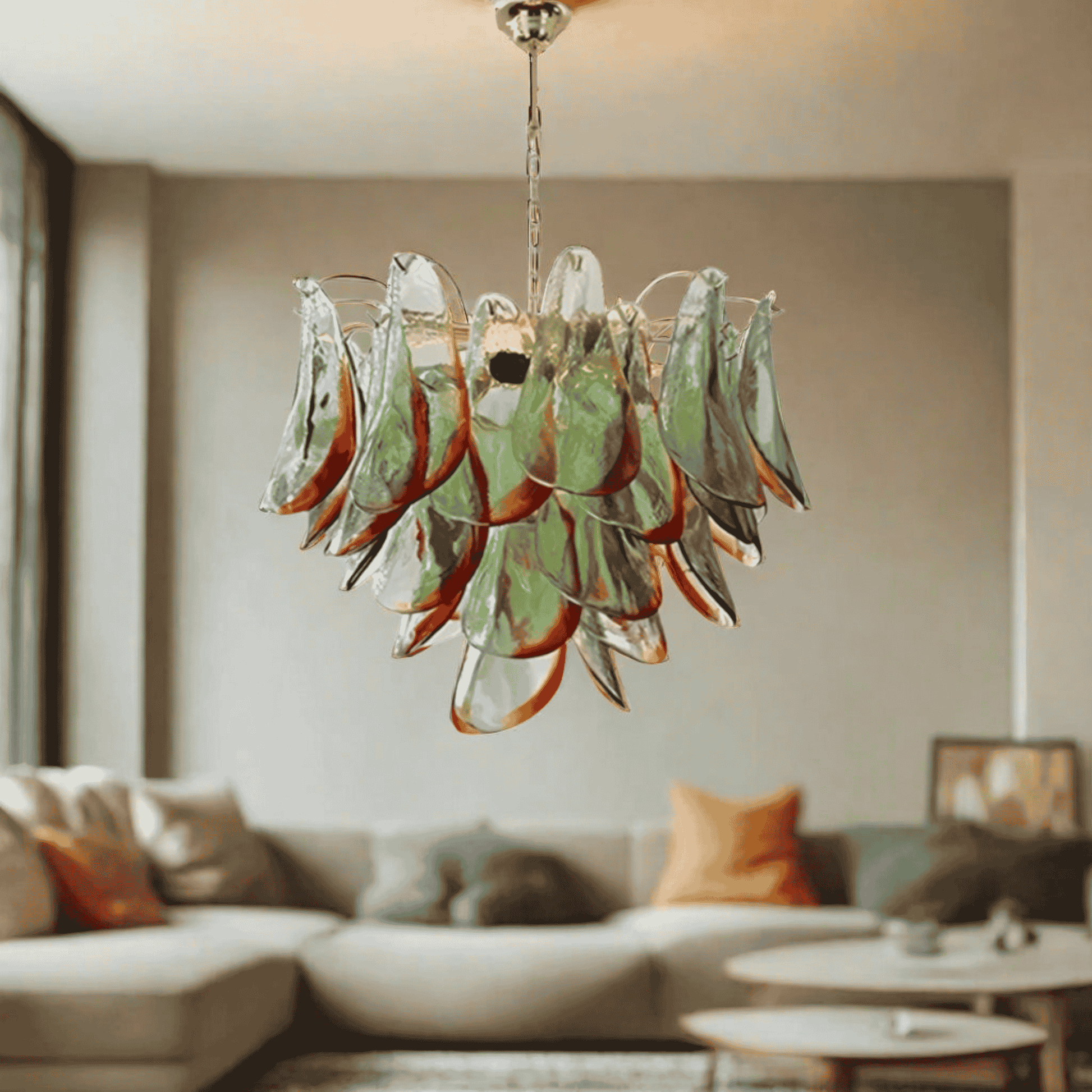 Decorative chandelier hanging in a living room with a sofa and coffee table.