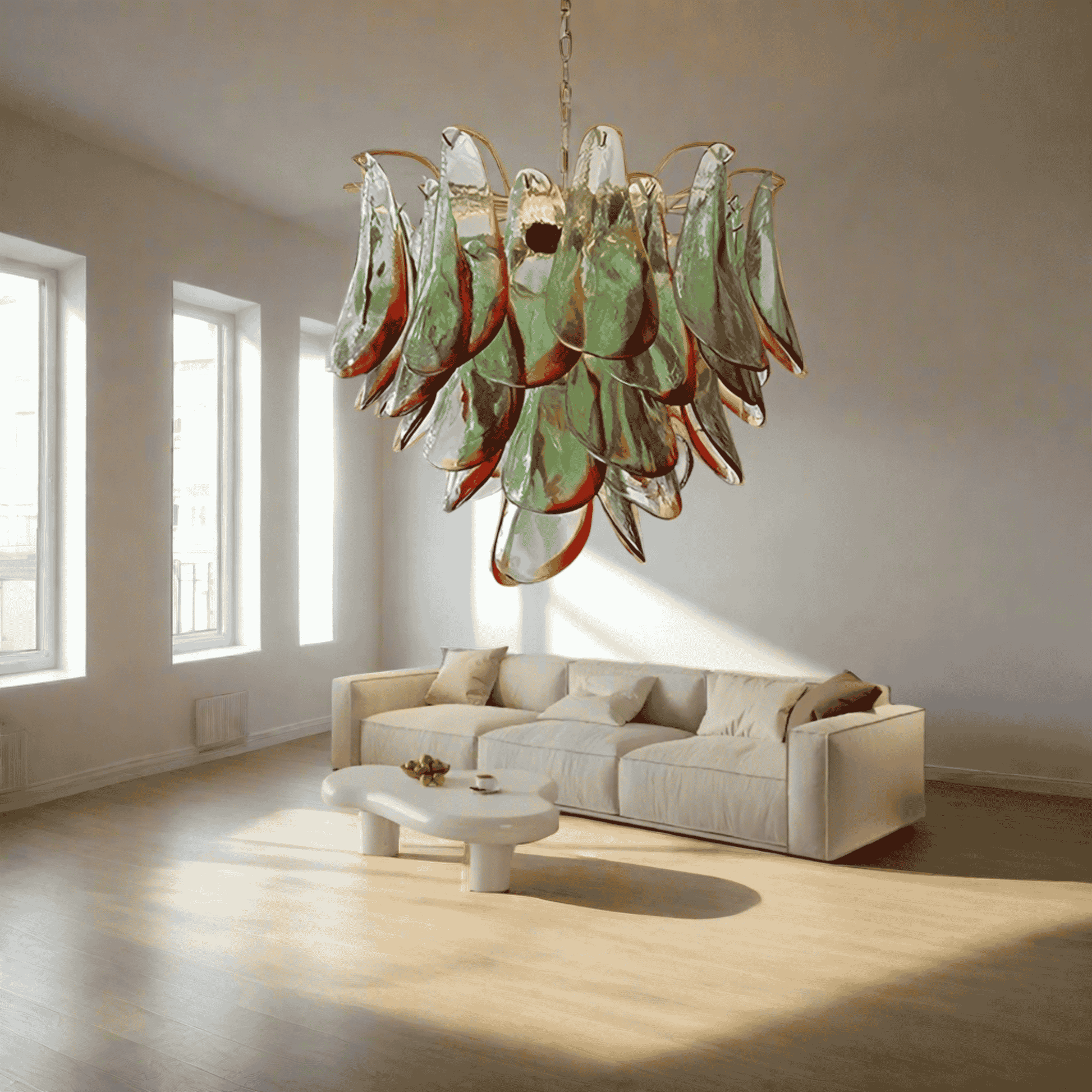 Modern living room with a large, colorful chandelier and a white sofa.