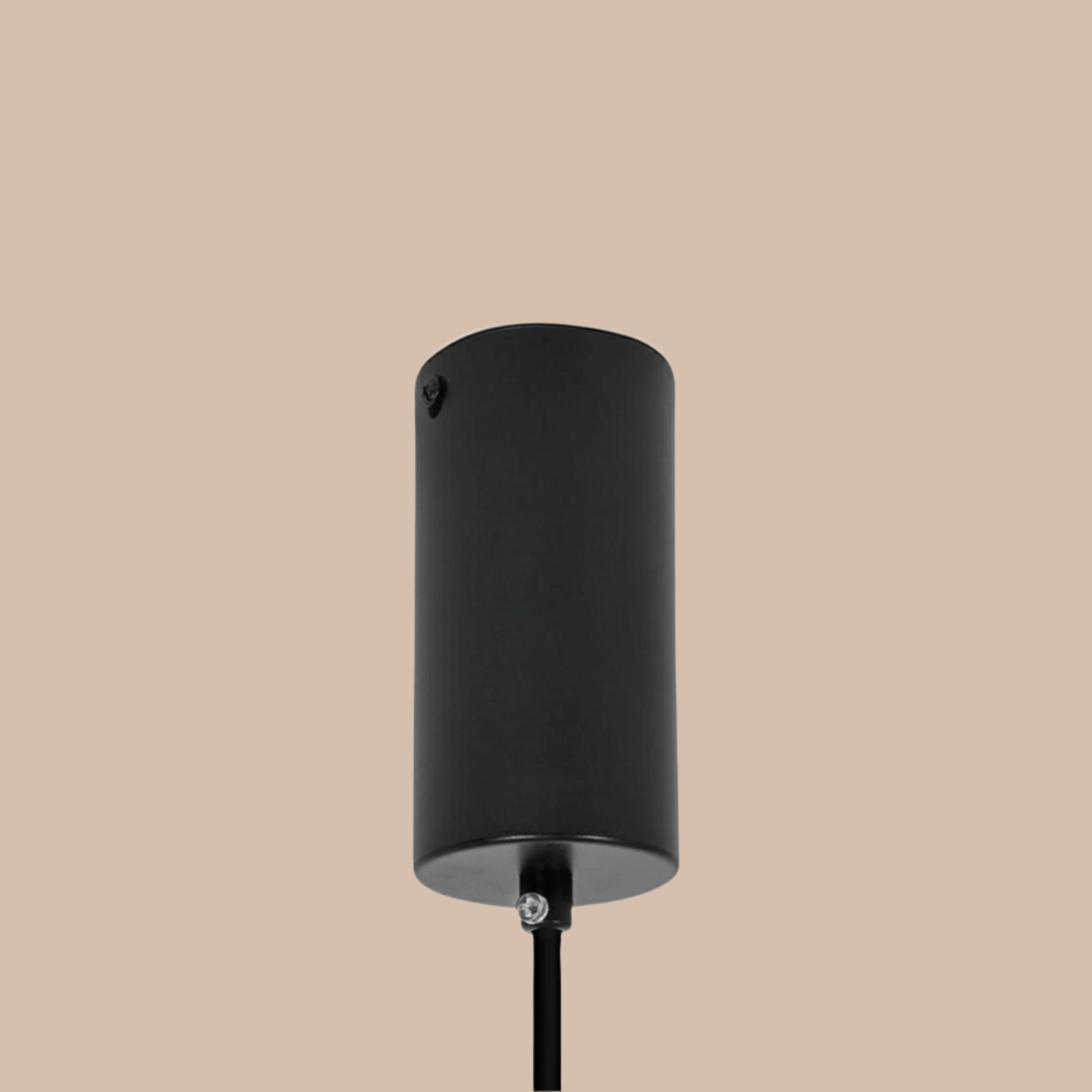 Black cylindrical outdoor light fixture on a white background