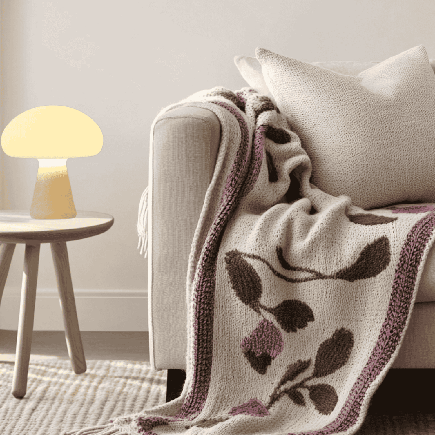 Floral-patterned blanket draped over a sofa in a cozy living room.