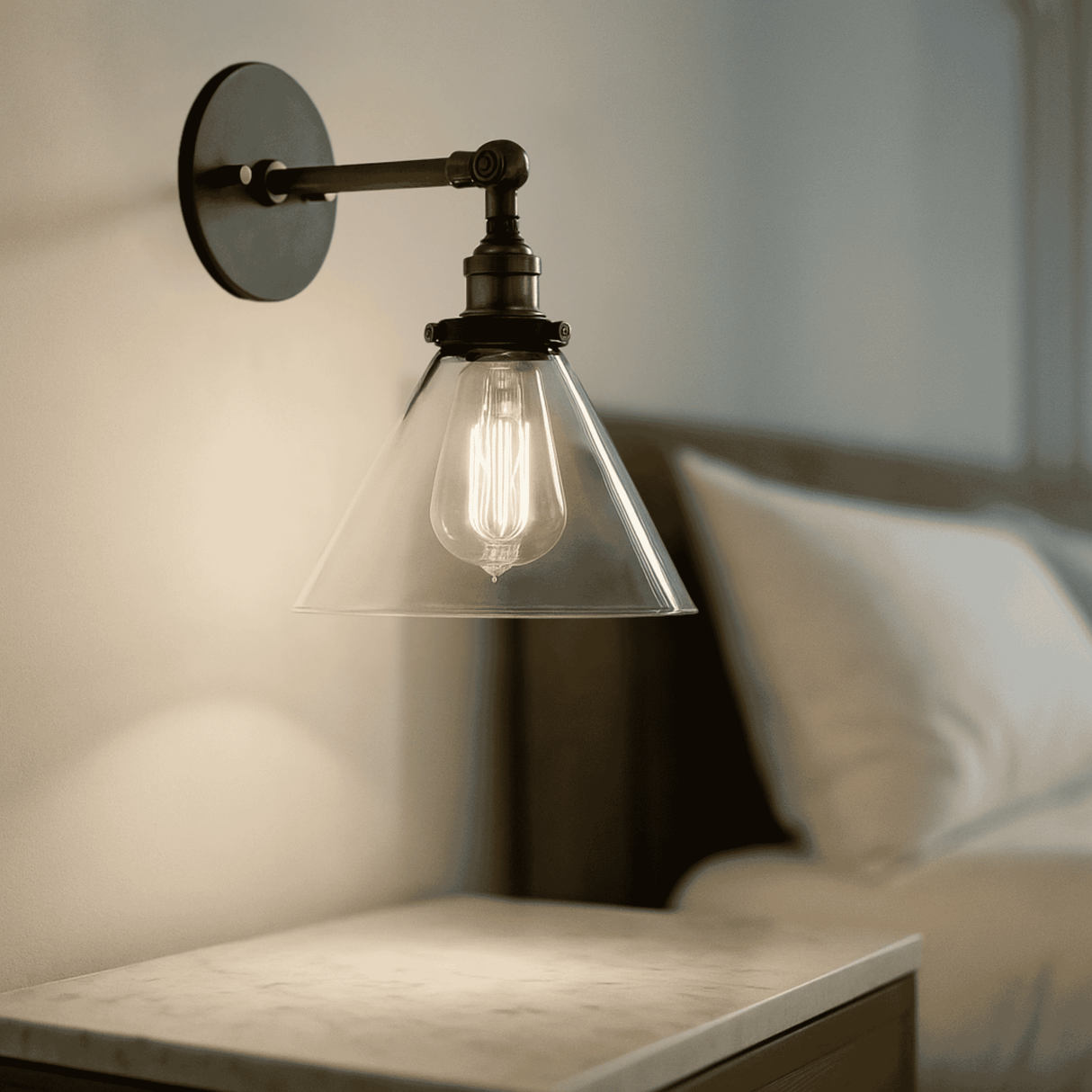 Retro Glass Wall Sconce with cone shade used as a bedside lamp. Warm LED lighting enhances cozy bedroom ambiance.