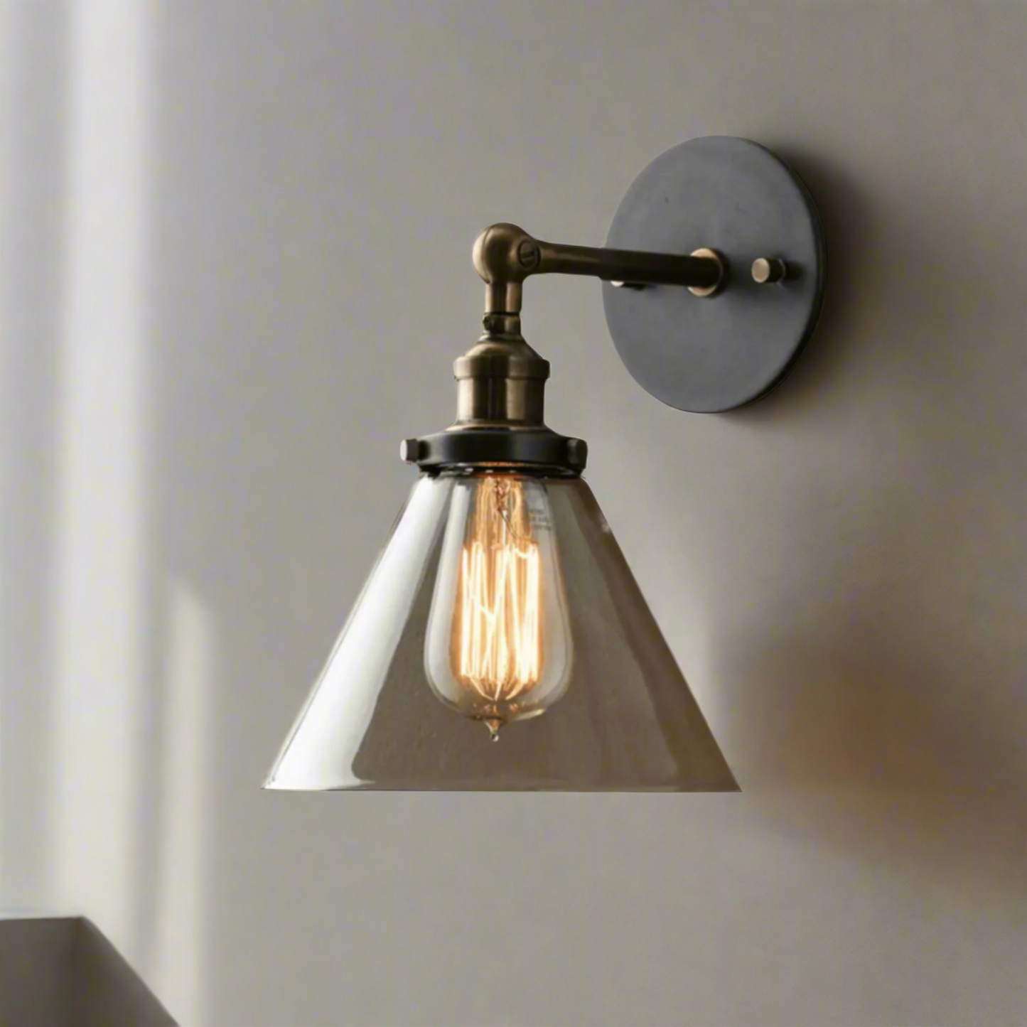 Retro Glass Wall Sconce with cone shade, 27cm tall and 20cm wide. Ideal for modern kitchens or industrial-style interiors.