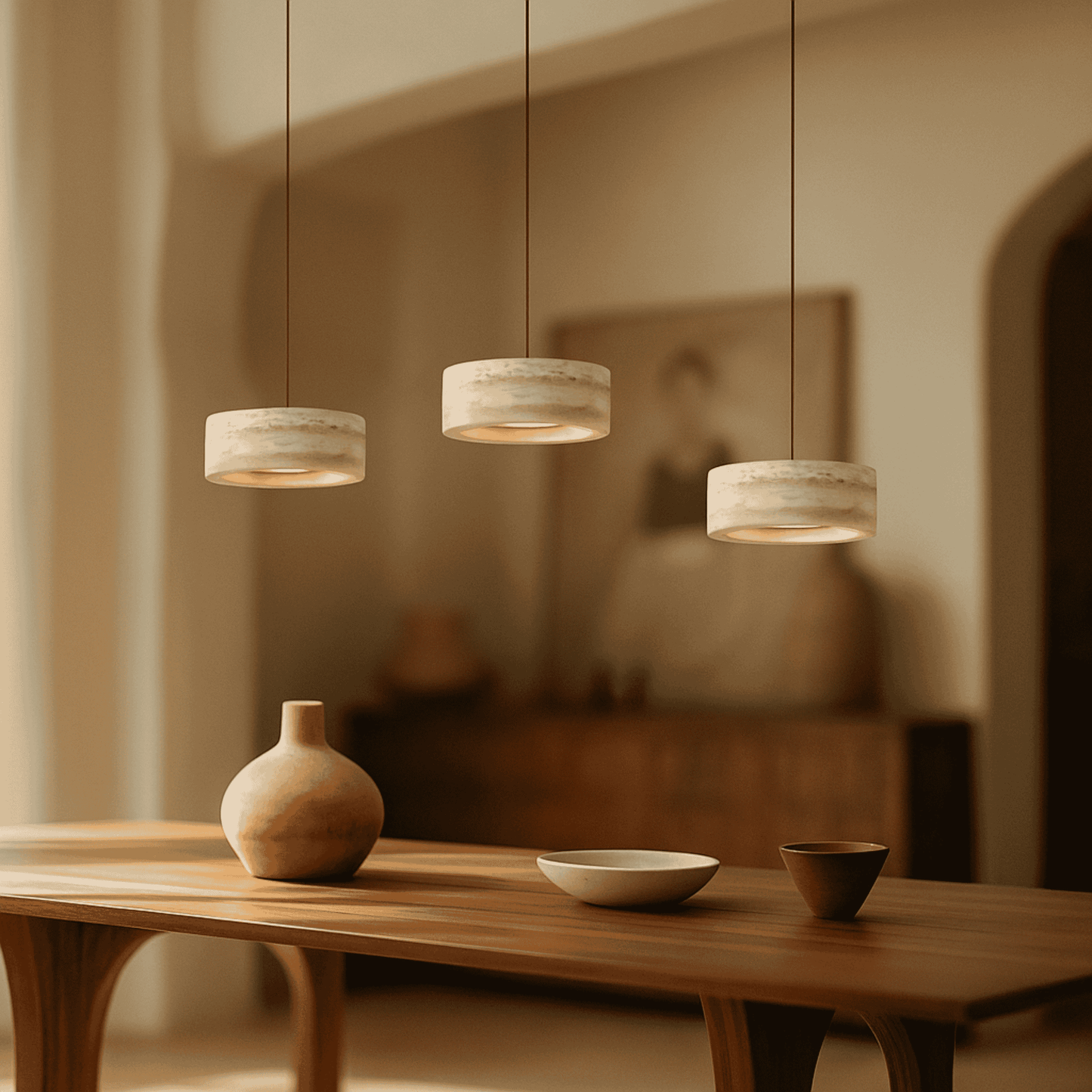 Set of three Ithaca Natural Stone LED Pendant Lights hanging above a wooden dining table, perfect for Mediterranean and wabi sabi decor.