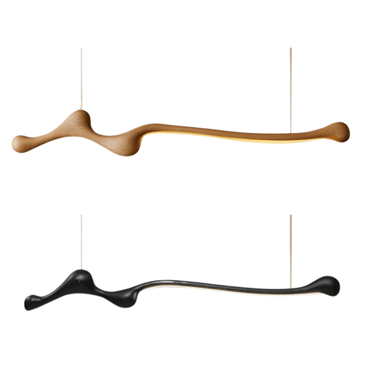 ZenRay Ashwood Pendant Lights in light and black finishes, showcasing sleek, sculptural design with integrated LED lighting.