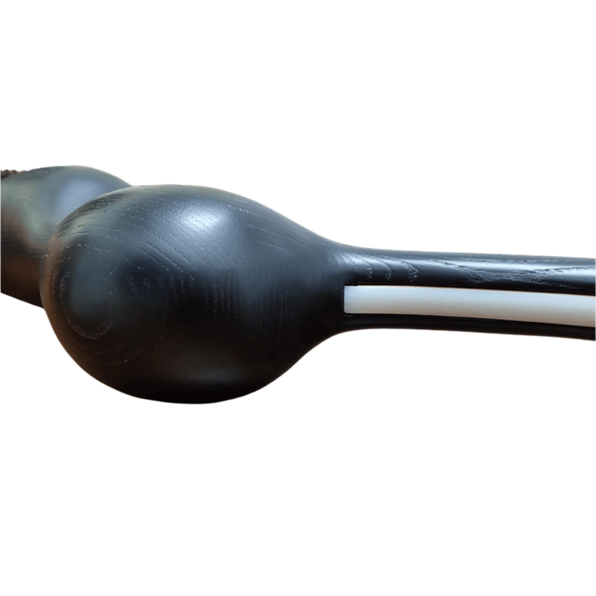 Detail of black ZenRay Ashwood Pendant Light showing LED strip embedded in sculpted ash wood body for modern lighting.