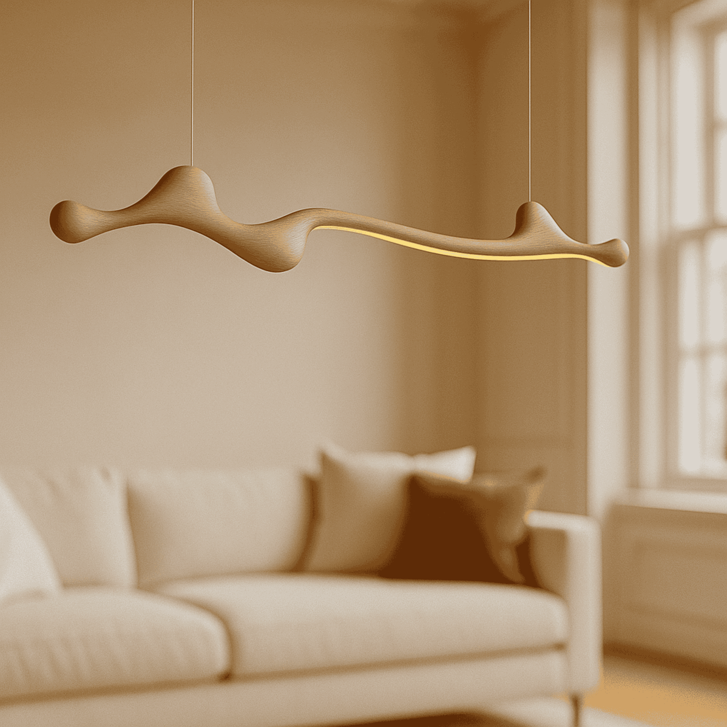 ZenRay Ashwood Pendant Light in light wood finish hanging in a cozy living room, casting warm dimmable LED light.