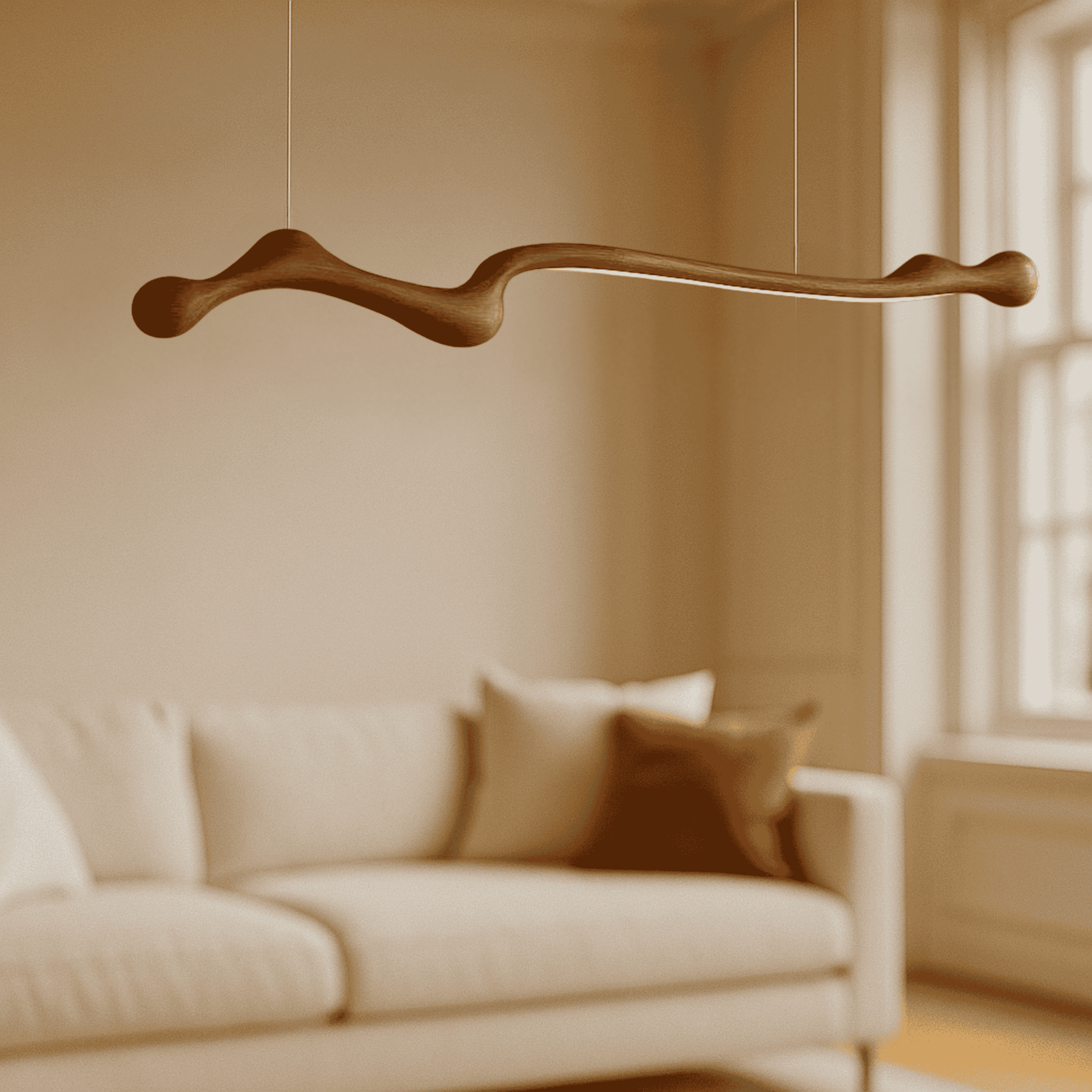 Dark wood ZenRay Ashwood Pendant Light in a warm-toned living room, blending natural materials with modern LED lighting.