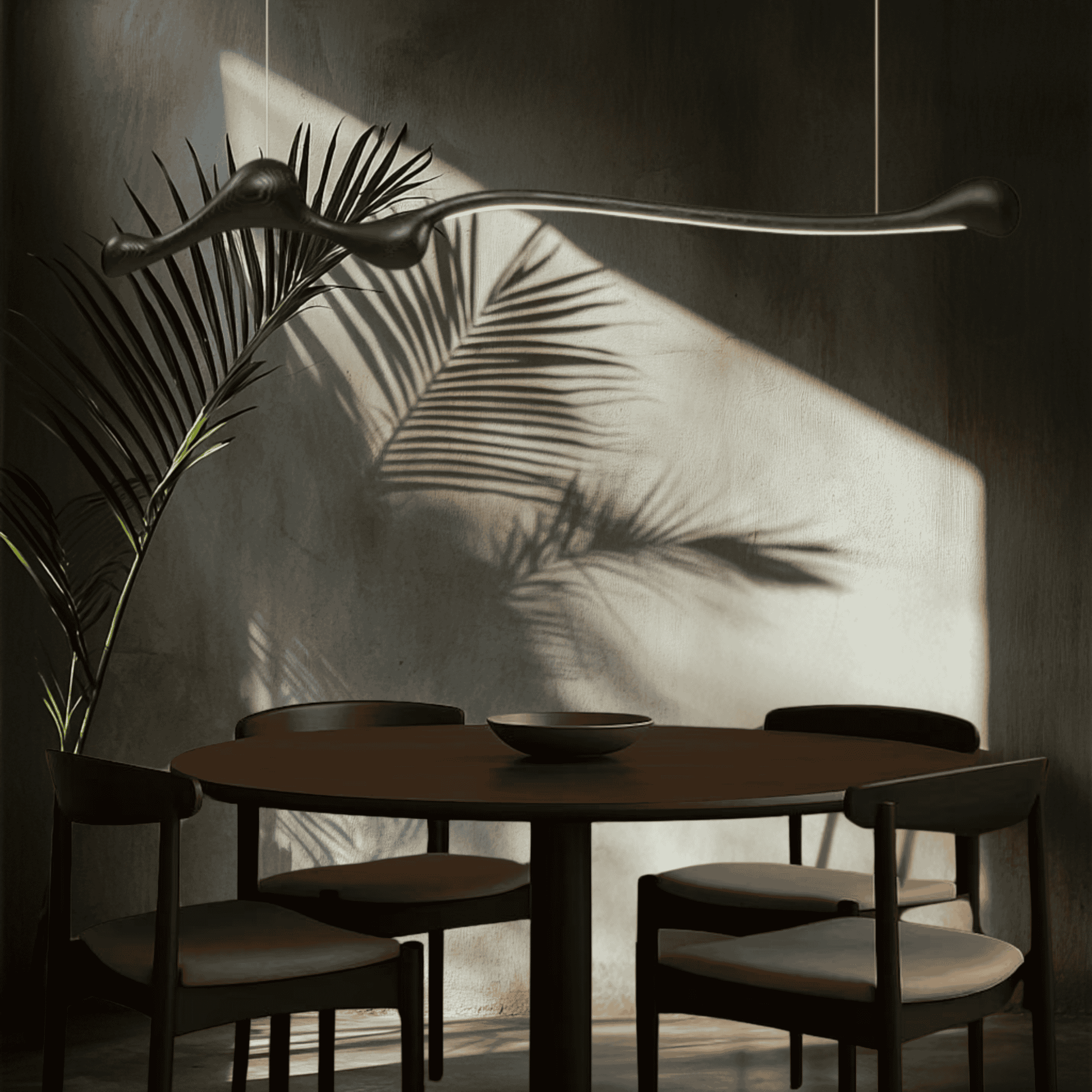 Black ZenRay Ashwood Pendant Light in a moody dining room, casting dramatic shadows with dimmable LED illumination.