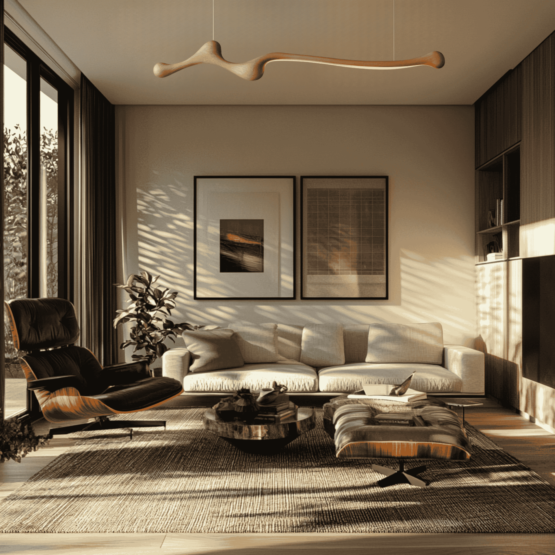 Light wood ZenRay Ashwood Pendant Light in a modern living room, enhancing the space with warm, adjustable LED lighting.