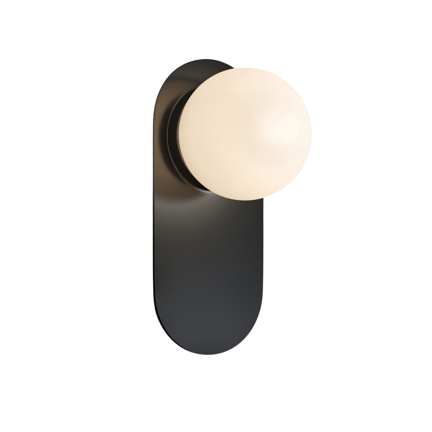 Modern wall sconce with black fixture and white bulb on a white background