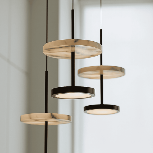 Close look at 3 lights Modern marble disc pendant light with brushed metal fixture