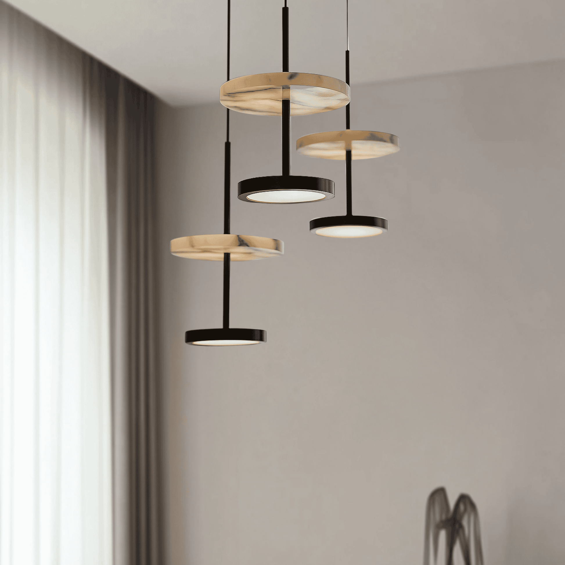 Modern marble disc pendant light with brushed metal fixture- 3 lights in living room