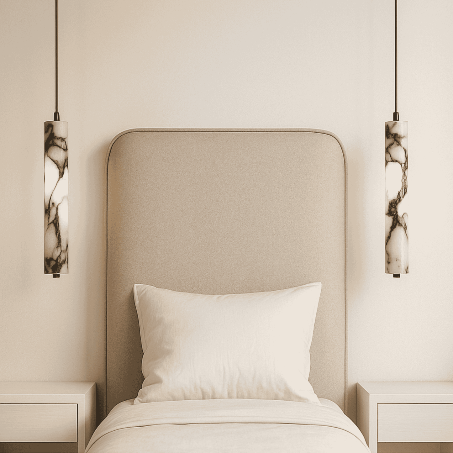 Marble pendant lights above bedside tables in modern bedroom