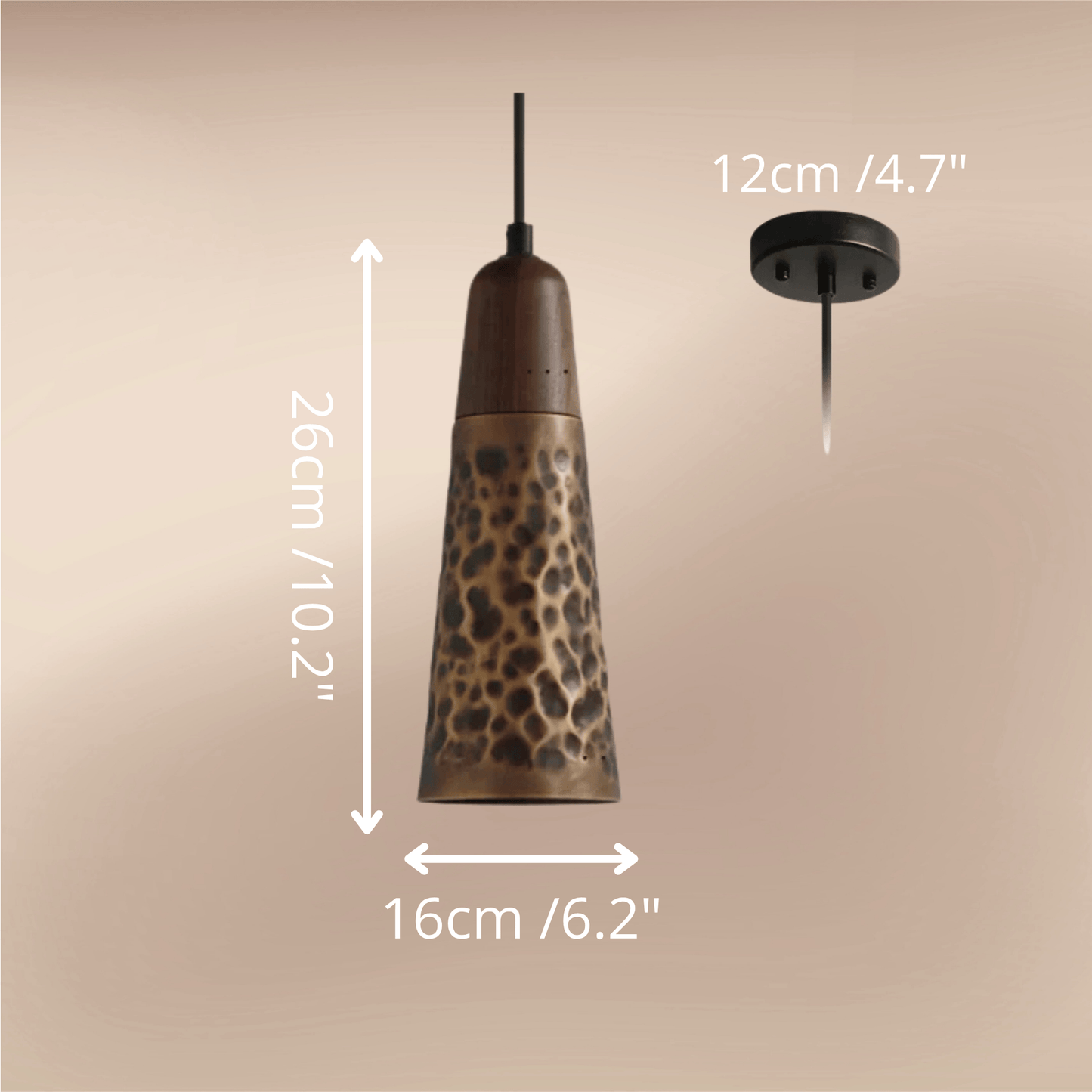 Vintage pendant light with copper finishes 16x26