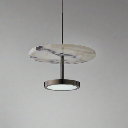 Modern marble disc pendant light with brushed metal fixture