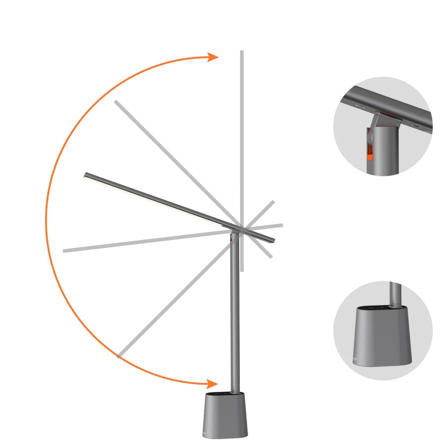 Angle adjustable metal stand with aluminum hinge and base on a white background