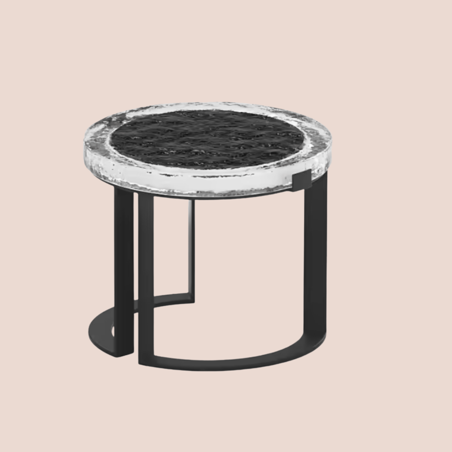 Small round table with black marble top and black metal base on a beige background
