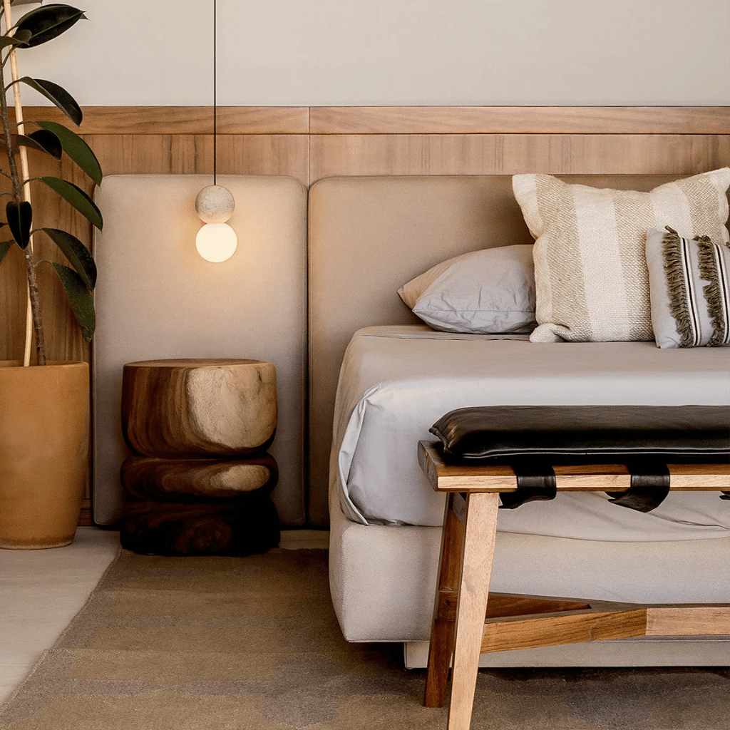 Beige sofa with decorative pillows in a living room setting with wooden furniture and plants.