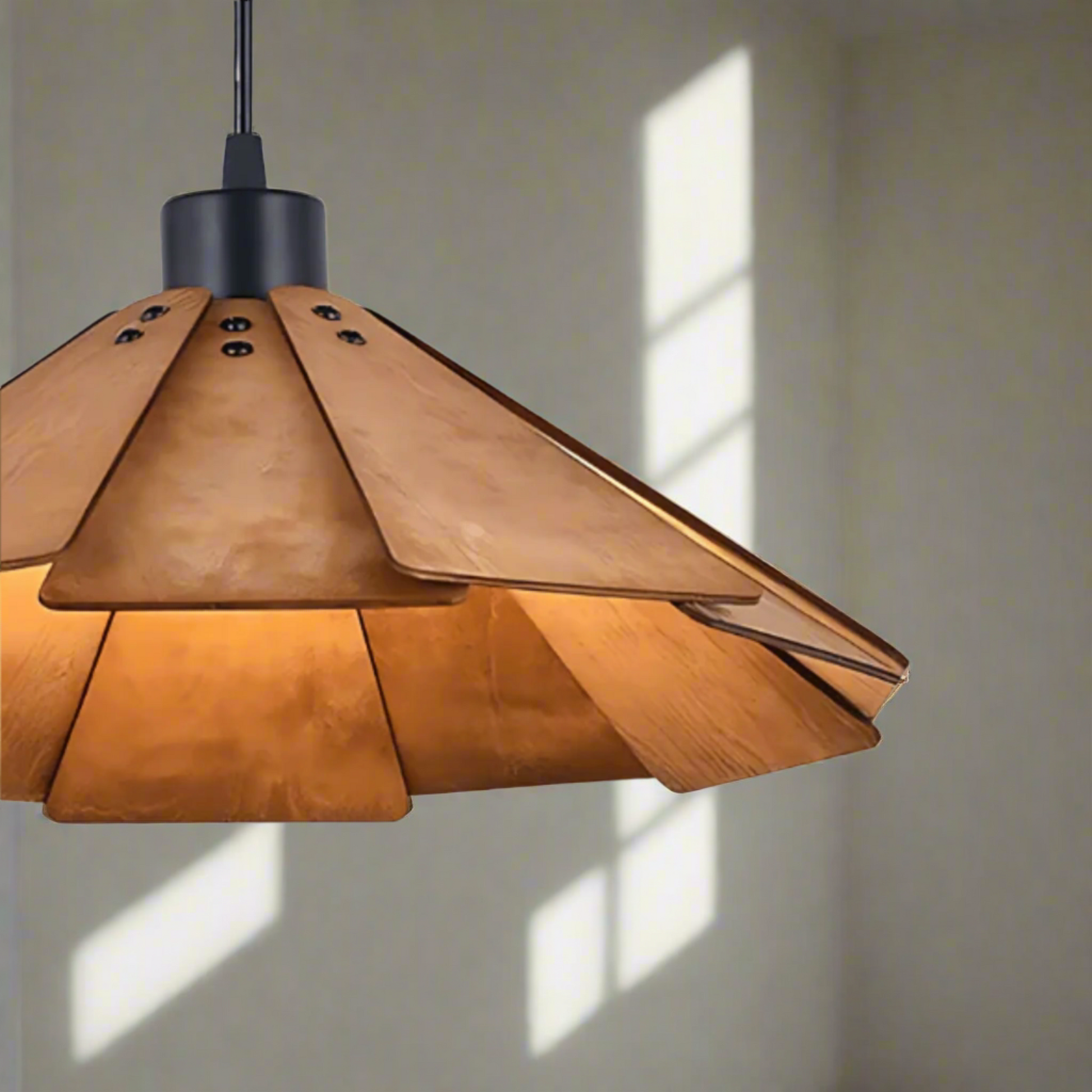 Wooden pendant light with a white background