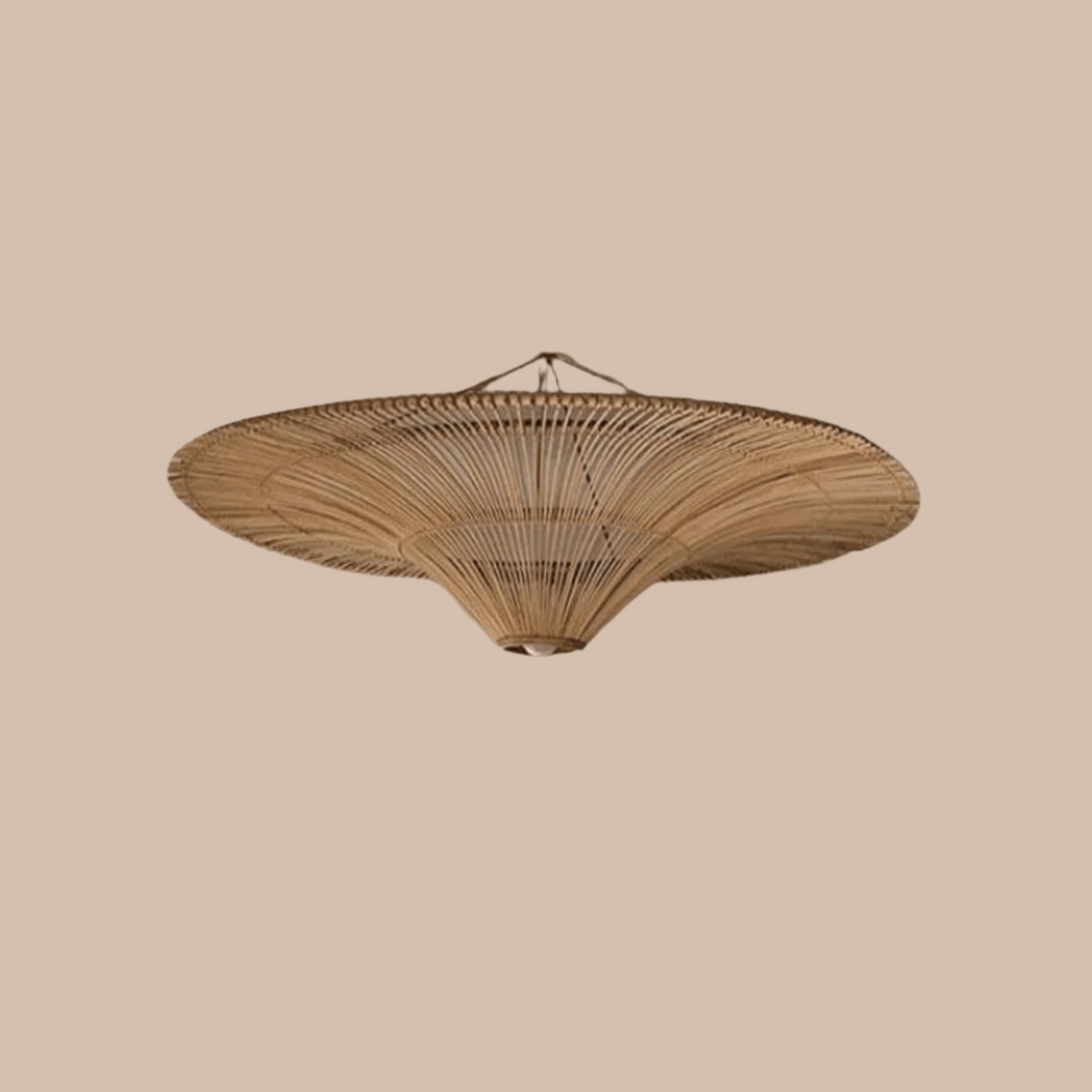 Woven ceiling light fixture with dimensions on a beige background