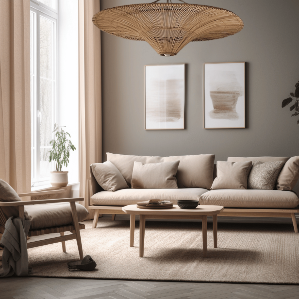 Modern living room with beige sofa, wooden coffee table, and decorative wall art.