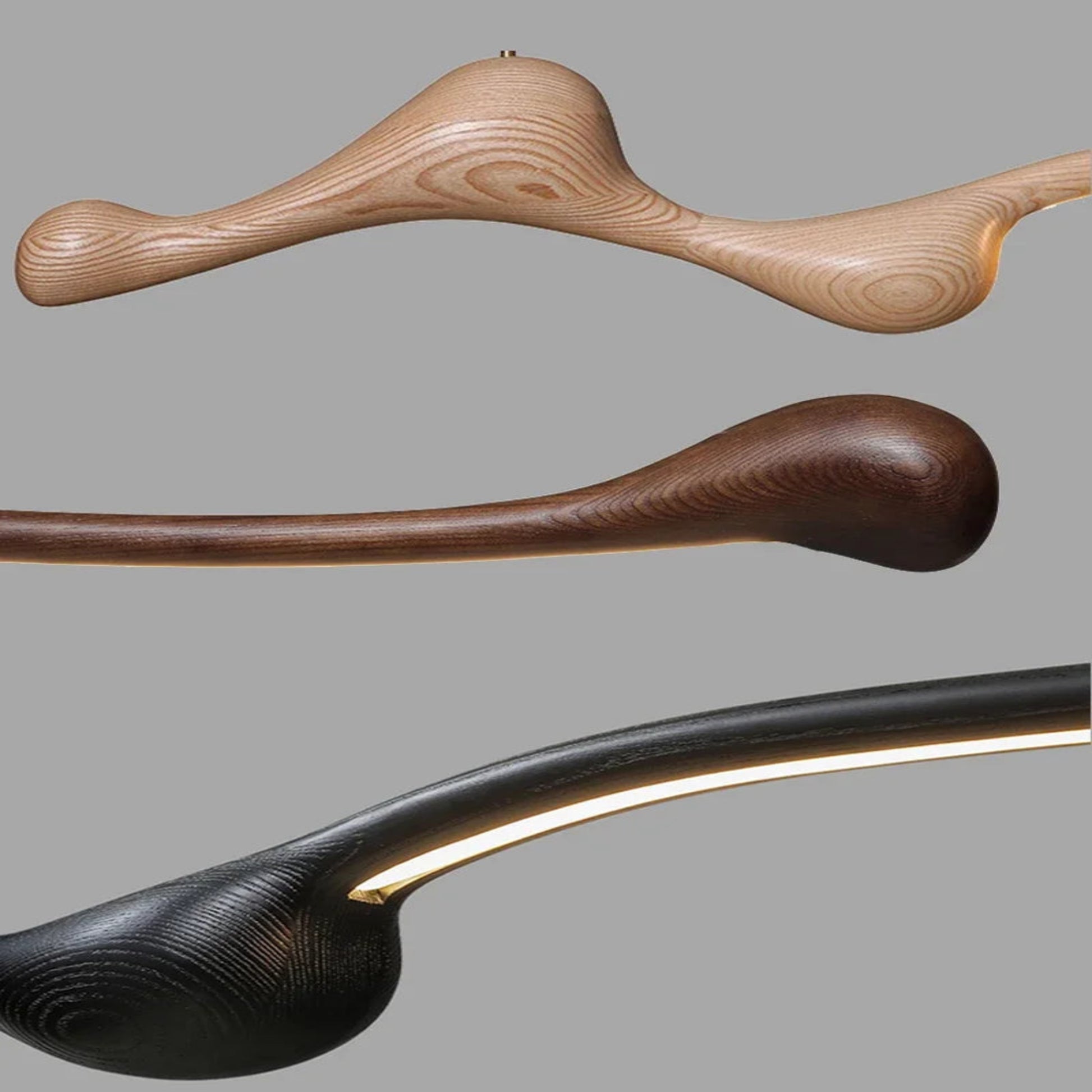 Close-up of ZenRay Ashwood Pendant Lights in light, dark, and black wood finishes, showing smooth organic design and LED strip.