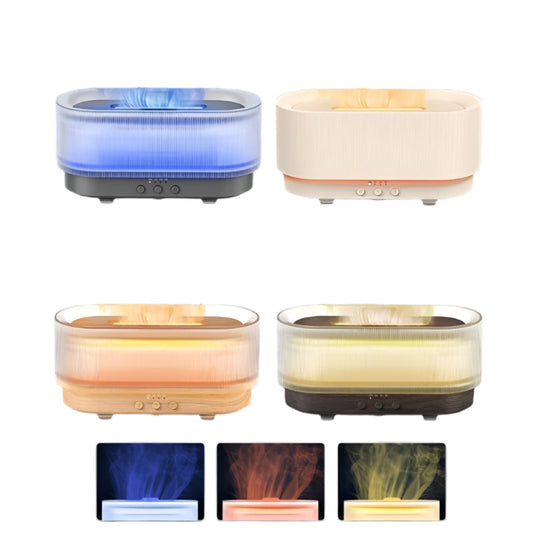 Four different colored humidifiers with steam effects on a dark background