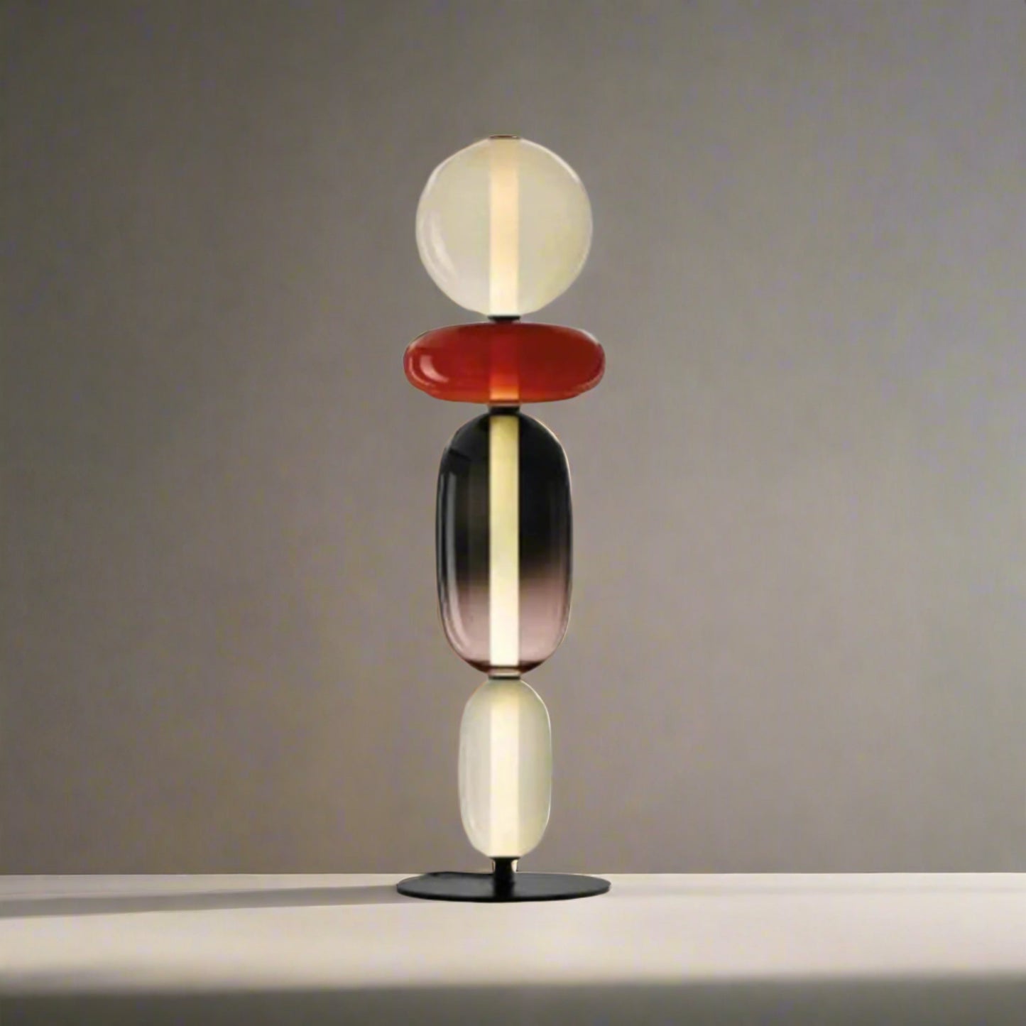 Table lamp with multicolored design and dimensions on a white background