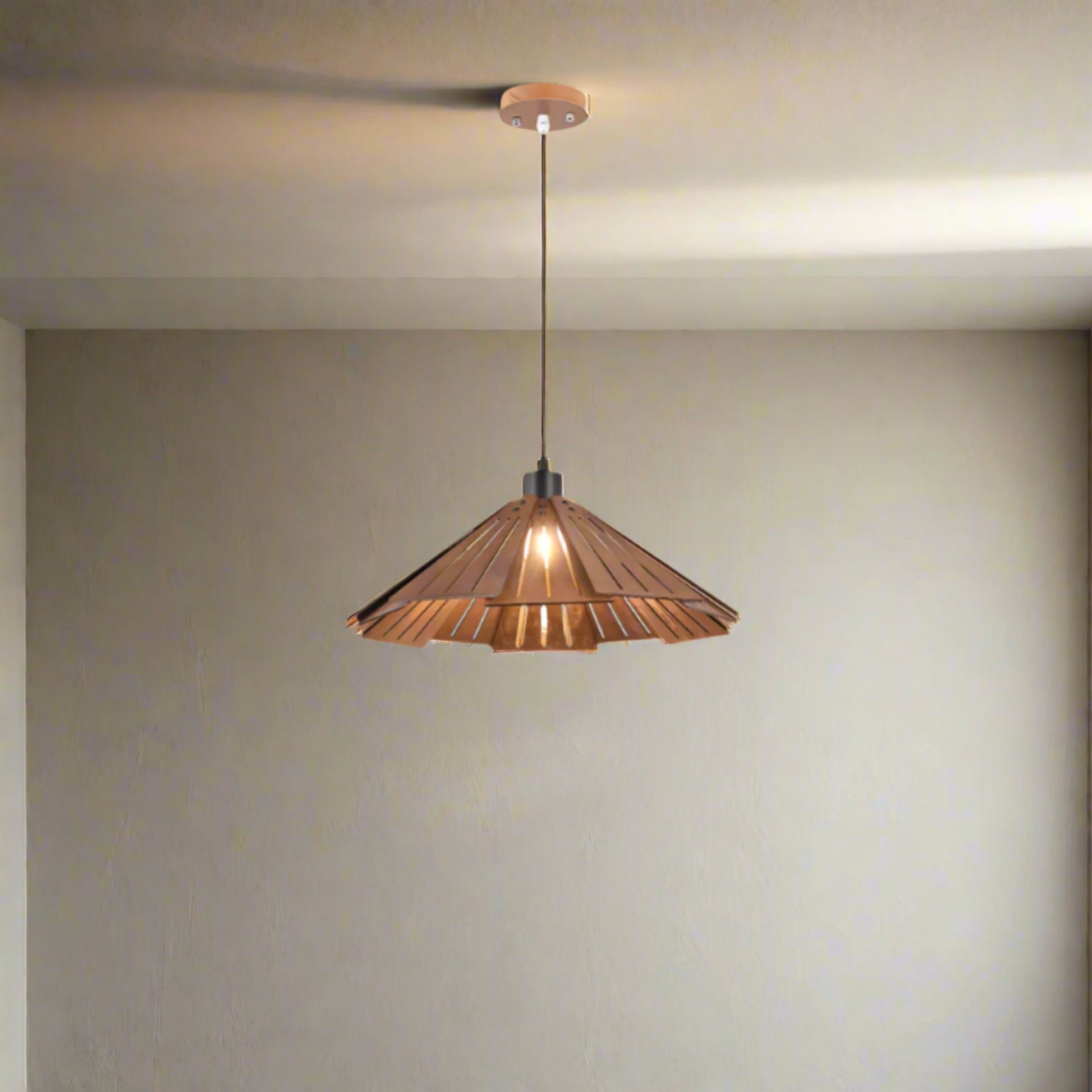 Wooden pendant lamp with dimensions on a gray background