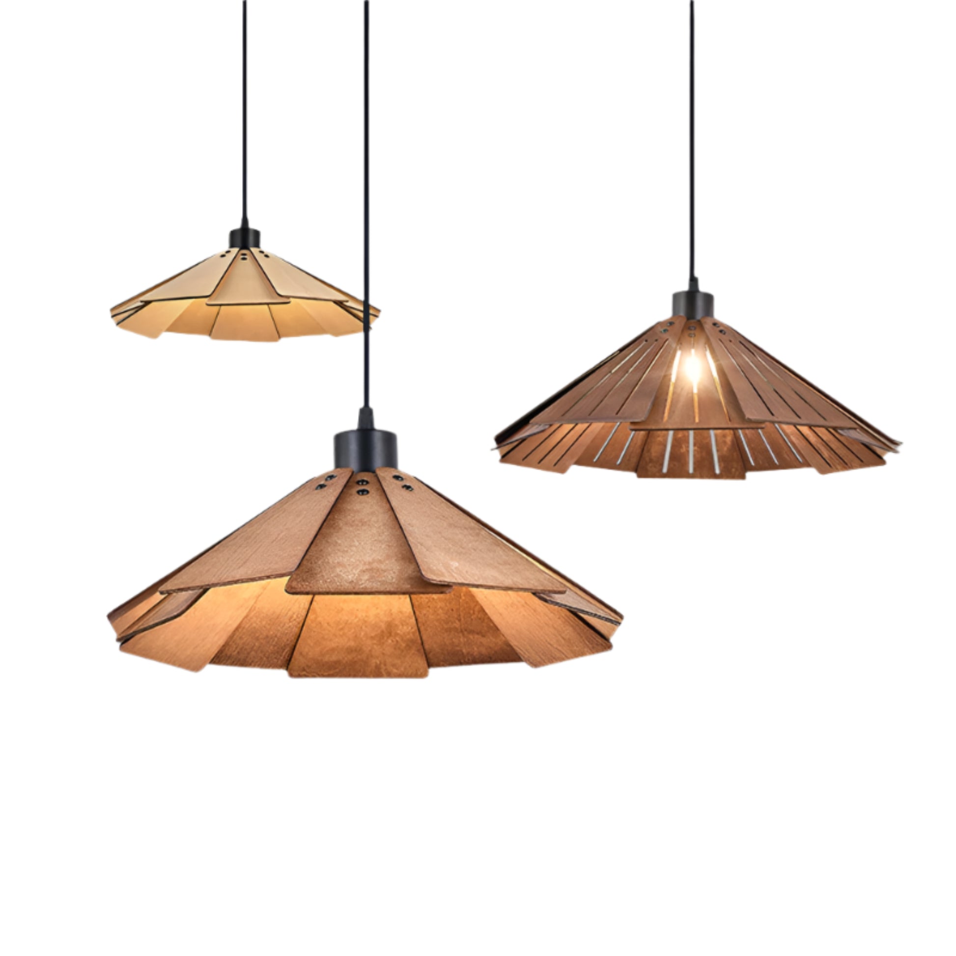 Three wooden pendant lights on a gray background